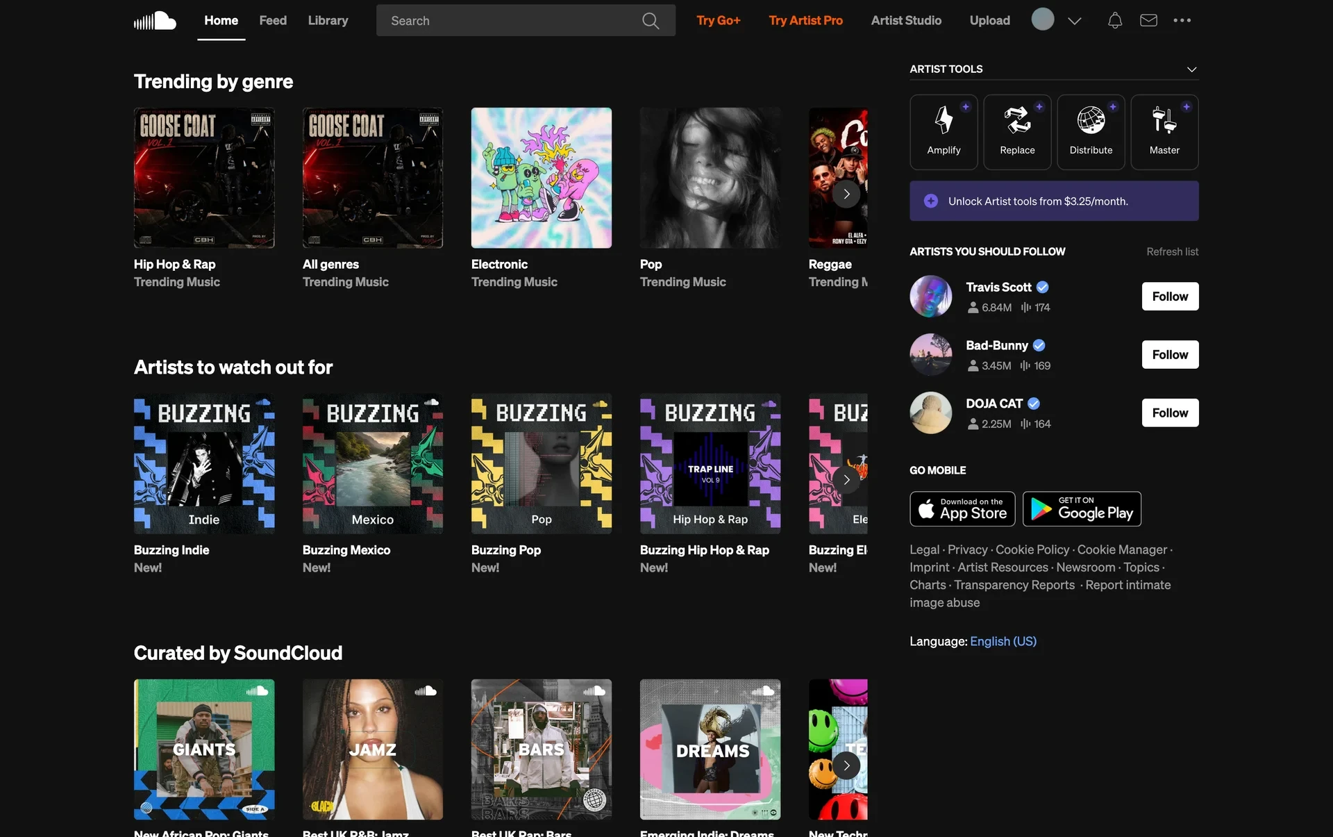 SoundCloud web Home page, signed in, with orange Try Go+ and Try Artist Pro links in the top bar, then Artist Studio, Upload, the profile avatar, notification and message icons and a three-dot menu at the far right, above Trending by genre carousels and an Artist Tools panel reading Unlock Artist tools from $3.25/month
