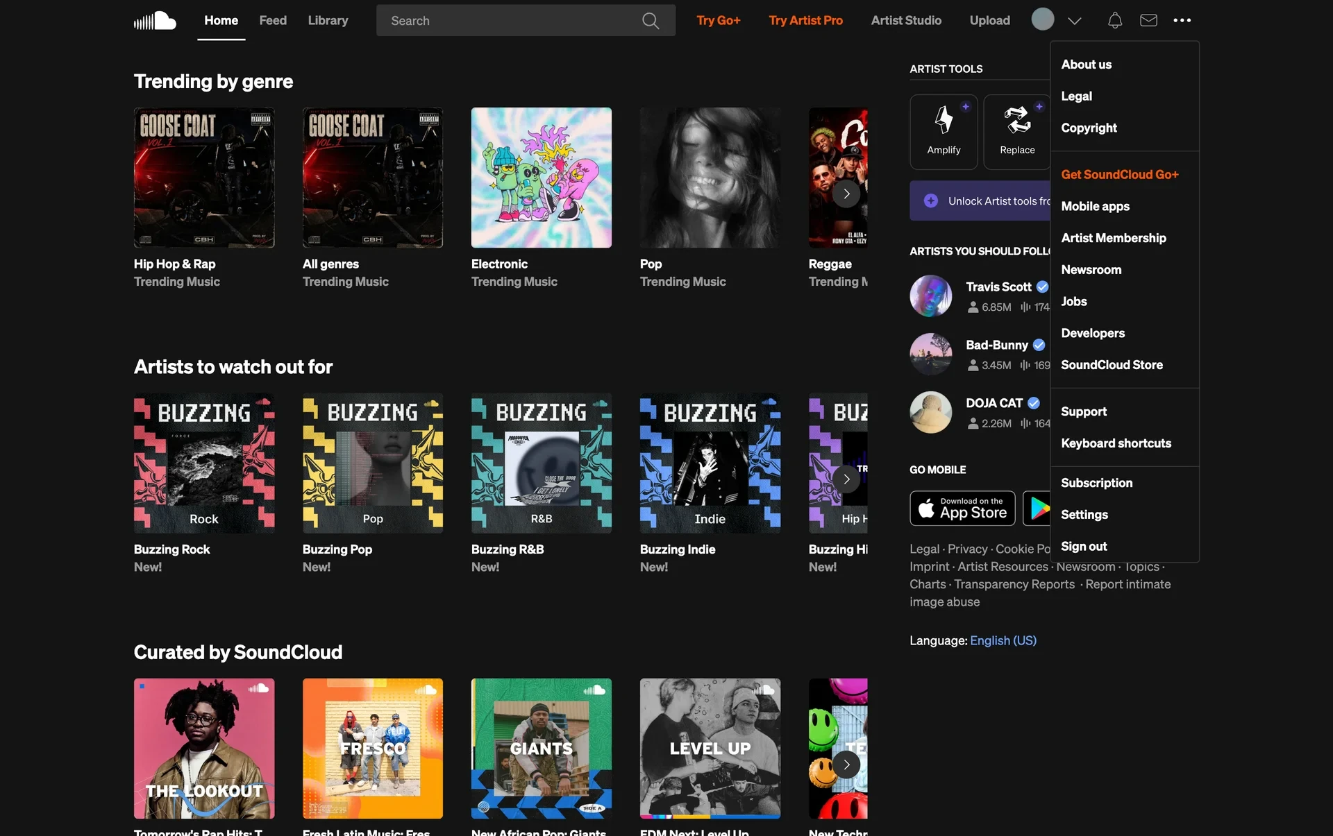 SoundCloud three-dot menu open over the Home page, listing About us, Legal, Copyright, Get SoundCloud Go+ in orange, Mobile apps, Artist Membership, Newsroom, Jobs, Developers, SoundCloud Store, Support, Keyboard shortcuts, then Subscription, Settings and Sign out at the bottom