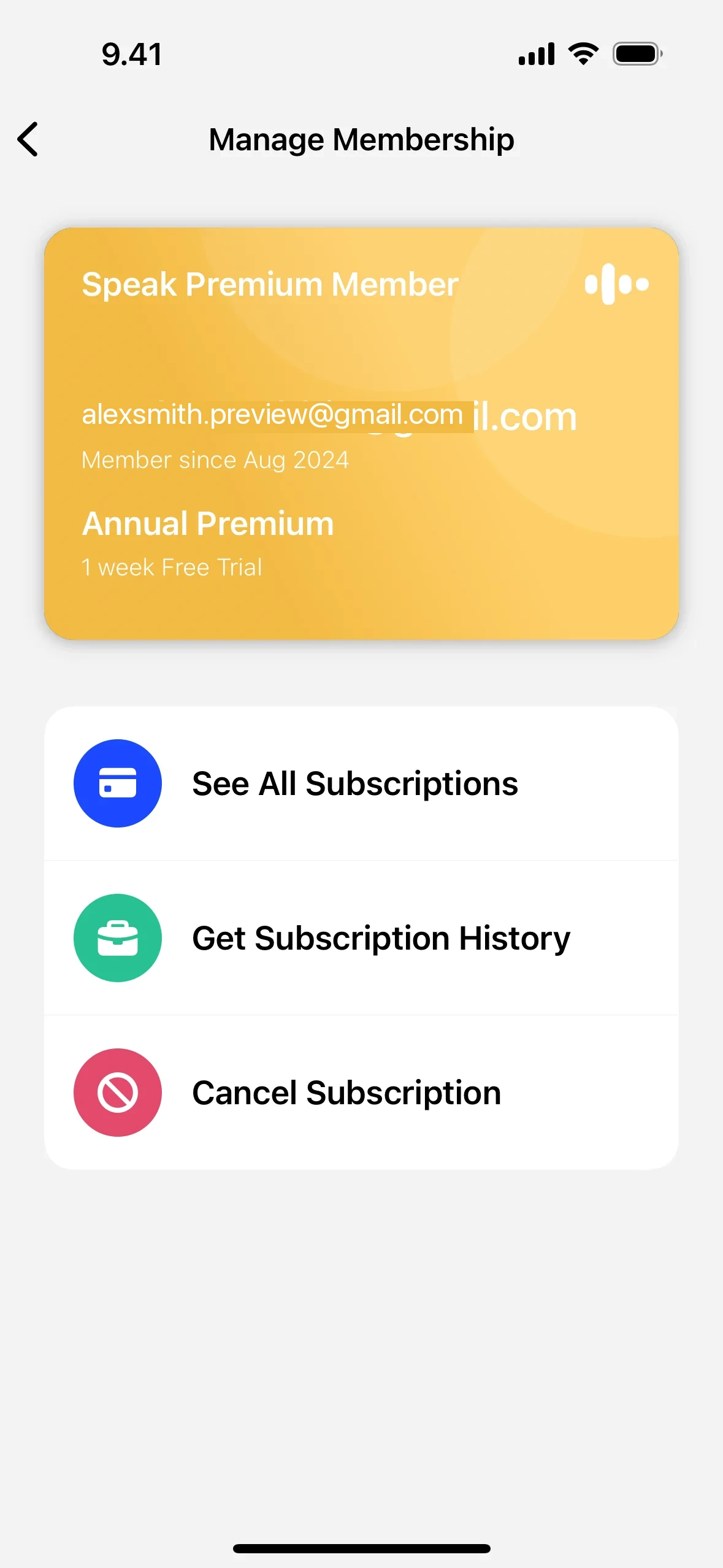 Speak iOS Manage Membership screen showing the Speak Premium Member card (Annual Premium, 1 week Free Trial) above three rounded action rows: See All Subscriptions, Get Subscription History, and a red Cancel Subscription row