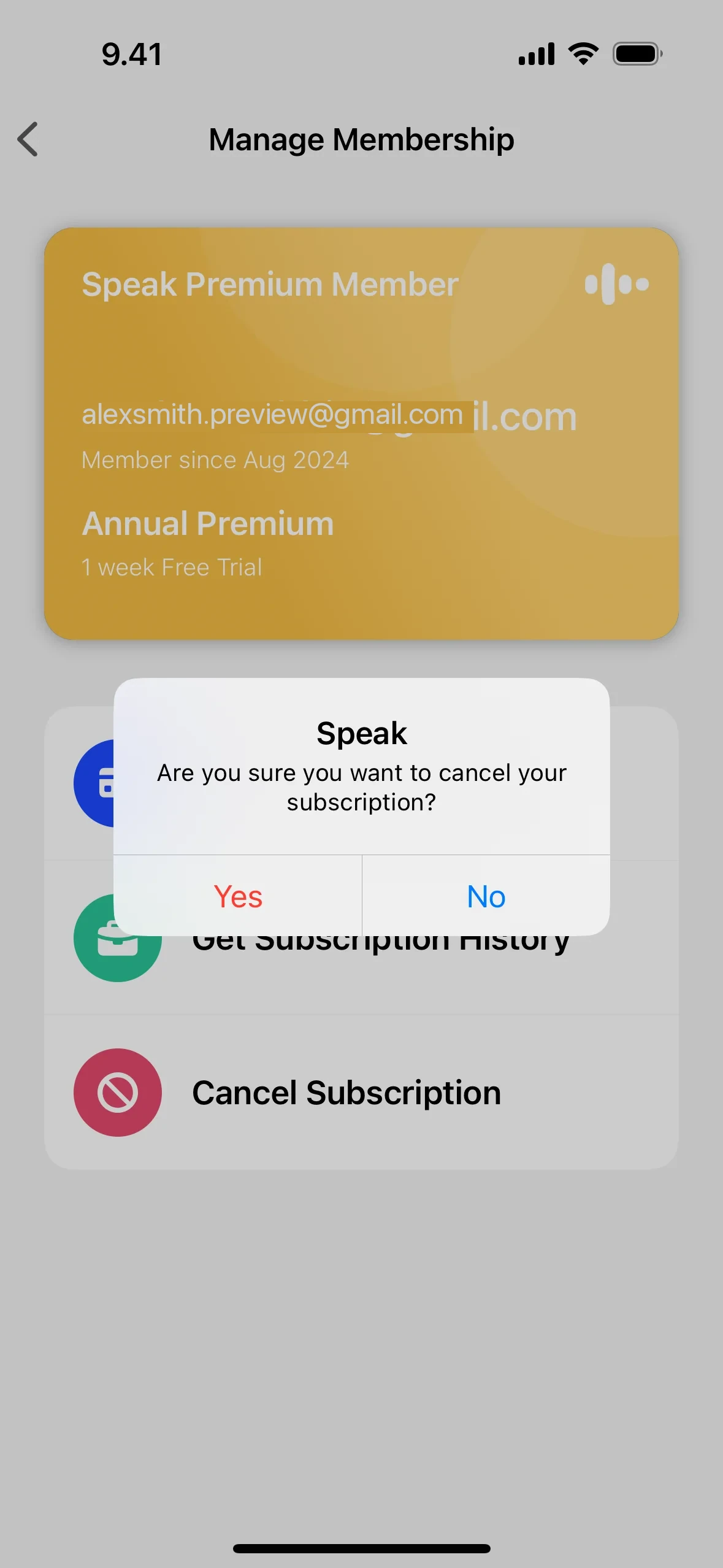 Native iOS confirmation dialog titled Speak with the body Are you sure you want to cancel your subscription? and two buttons: Yes in red on the left, No in blue on the right
