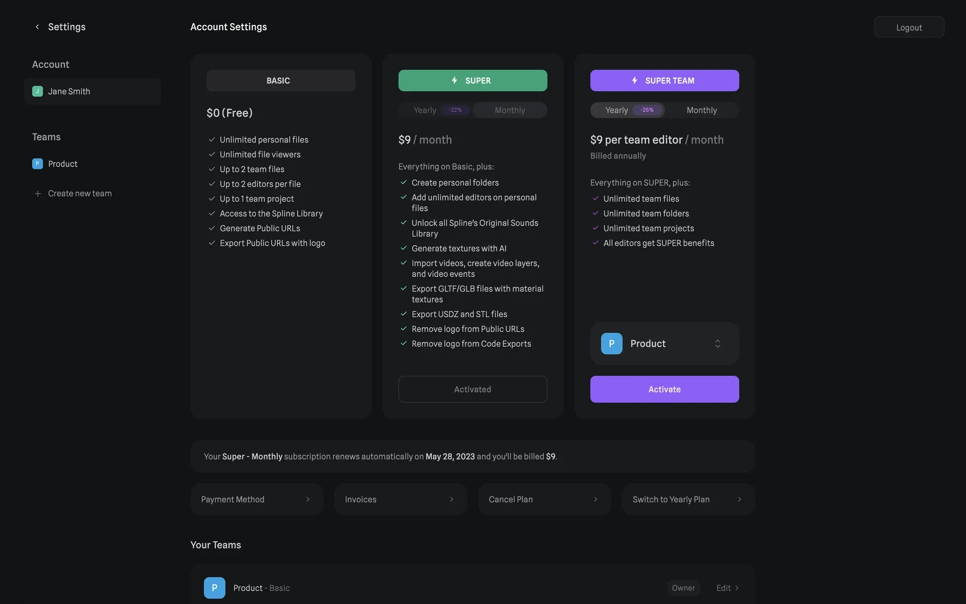 Spline Account Settings showing Basic (Free), the active paid plan, and a team plan as cards, a line reading "Your subscription renews automatically on {date} and you'll be billed", and a bottom row with Payment Method, Invoices, Cancel Plan, and Switch to Yearly Plan buttons