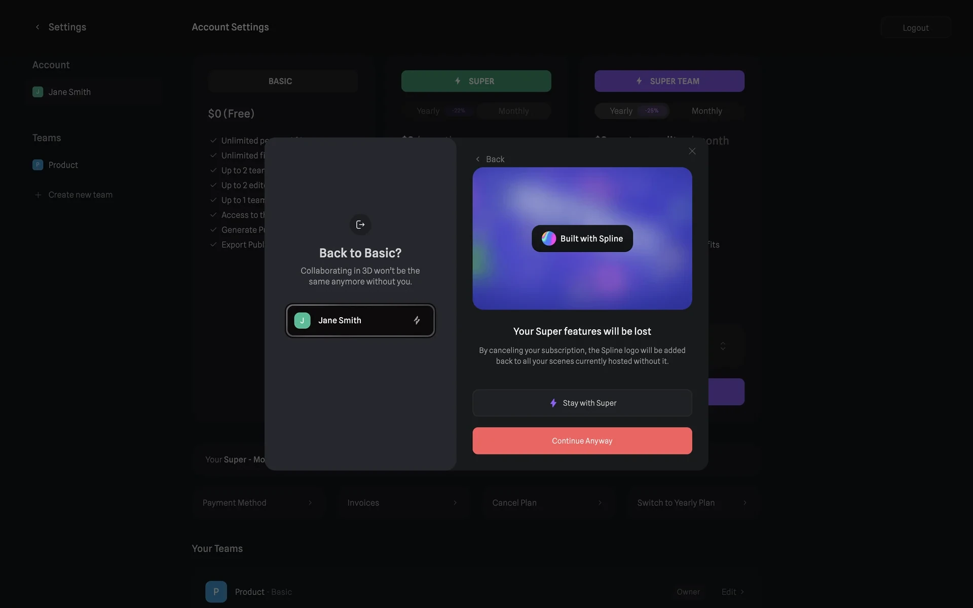 Spline modal headed "Your Super features will be lost" with a "Built with Spline" logo badge preview and the note "By canceling your subscription, the Spline logo will be added back to all your scenes currently hosted without it", a "Stay with Super" button, and a red Continue Anyway button