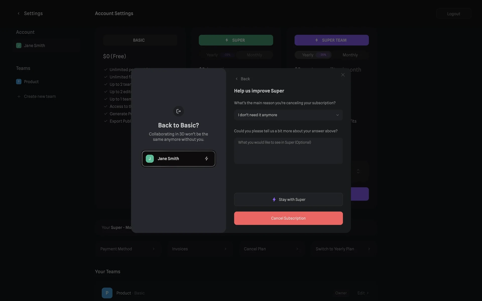 Spline cancellation survey with "I don't need it anymore" selected in the reason dropdown and the Cancel Subscription button now active in solid red, next to the "Stay with Super" button