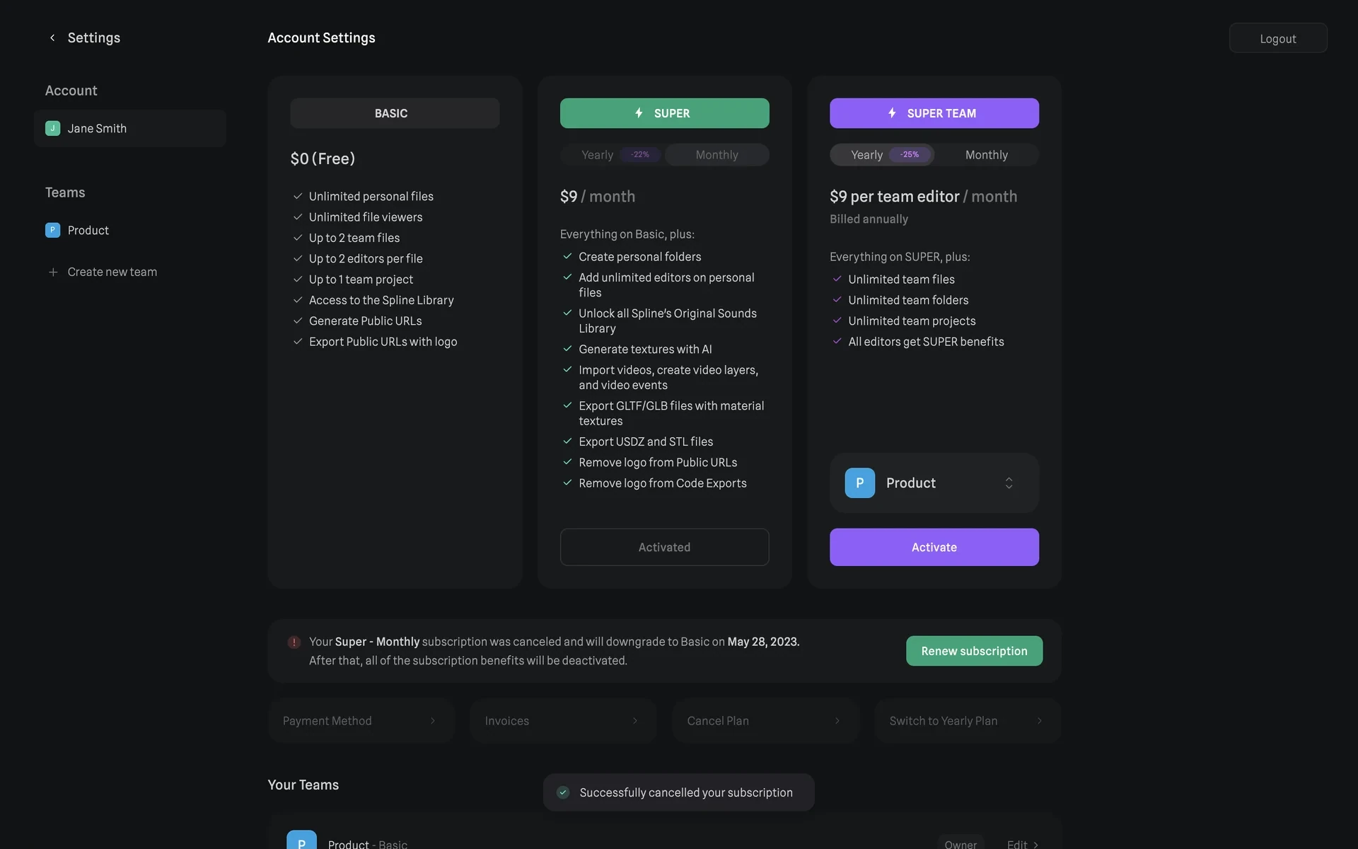 Spline Account Settings after cancelling, showing a green "Successfully cancelled your subscription" toast and a banner reading "Your subscription was canceled and will downgrade to Basic on {date}. After that, all of the subscription benefits will be deactivated." with a green Renew subscription button