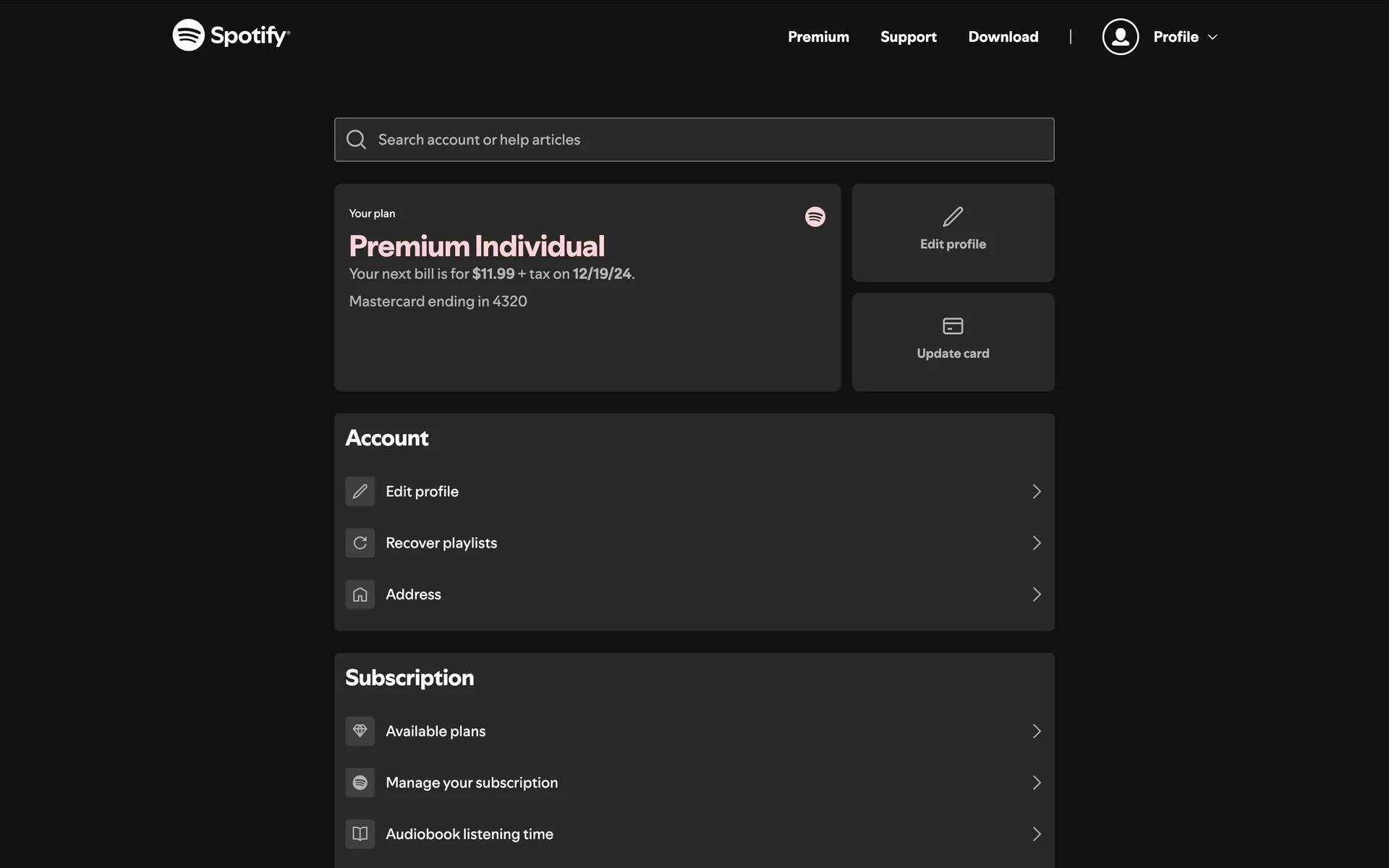 Spotify account dashboard showing the Premium Individual plan, next bill date, and the Manage your subscription link in the Subscription section