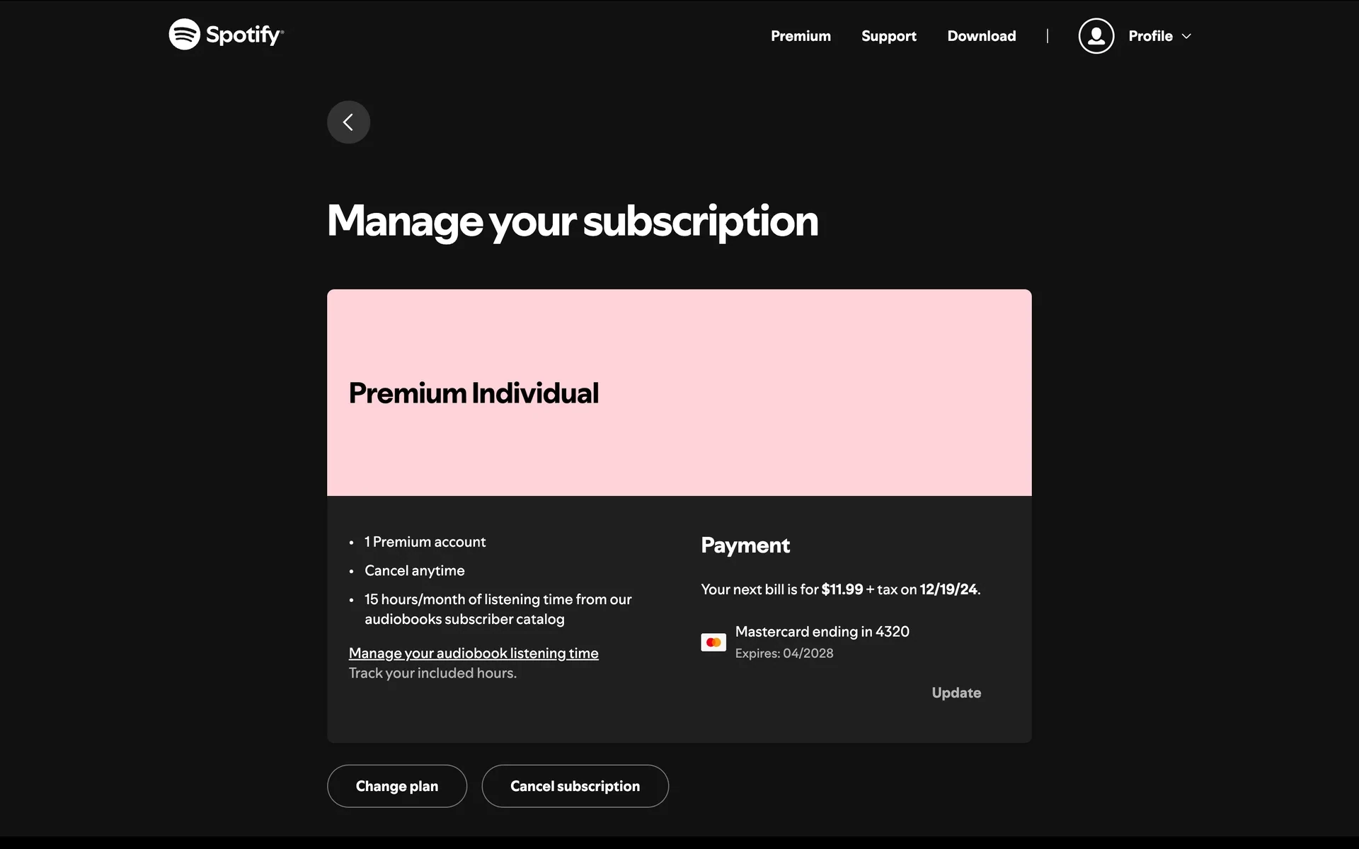 Spotify Manage your subscription page showing the Premium Individual plan card with Change plan and Cancel subscription buttons at the bottom