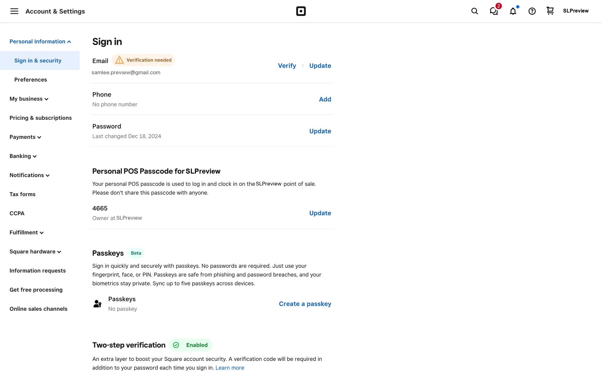 Square Account & Settings sidebar with Pricing & subscriptions listed under Personal information and My business, while Sign in & security is open