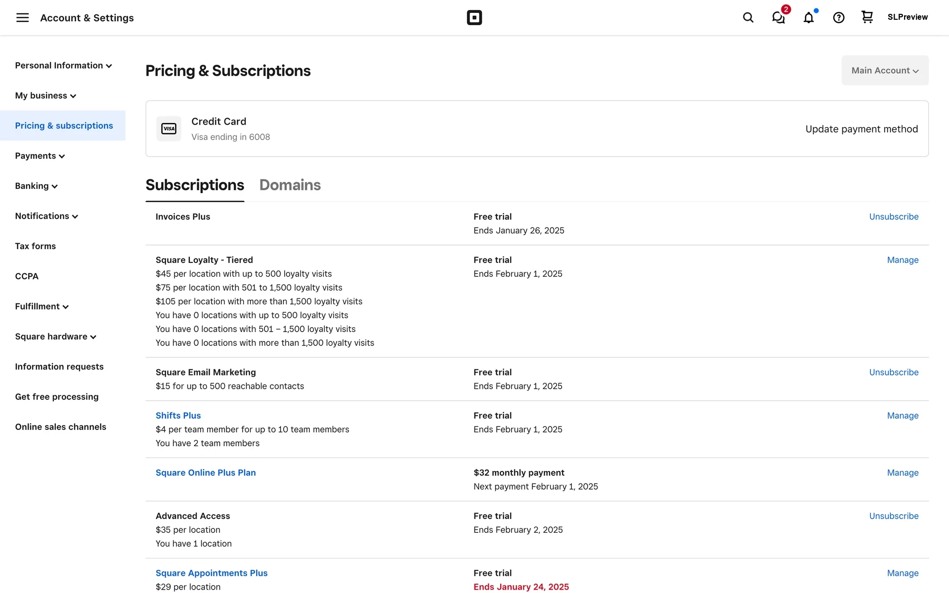Square Pricing & Subscriptions page listing Invoices Plus, Square Loyalty, Email Marketing, Shifts Plus, Square Online Plus, and other rows with Manage or Unsubscribe links and free-trial end dates