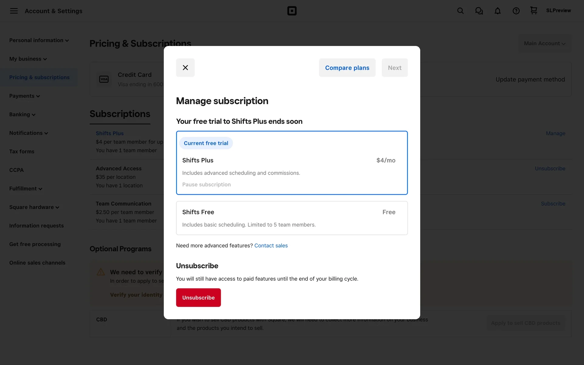 Square Manage subscription modal for Shifts Plus showing Current free trial, a Shifts Free alternative, a Pause subscription link, and a red Unsubscribe button with access-until-billing-cycle copy
