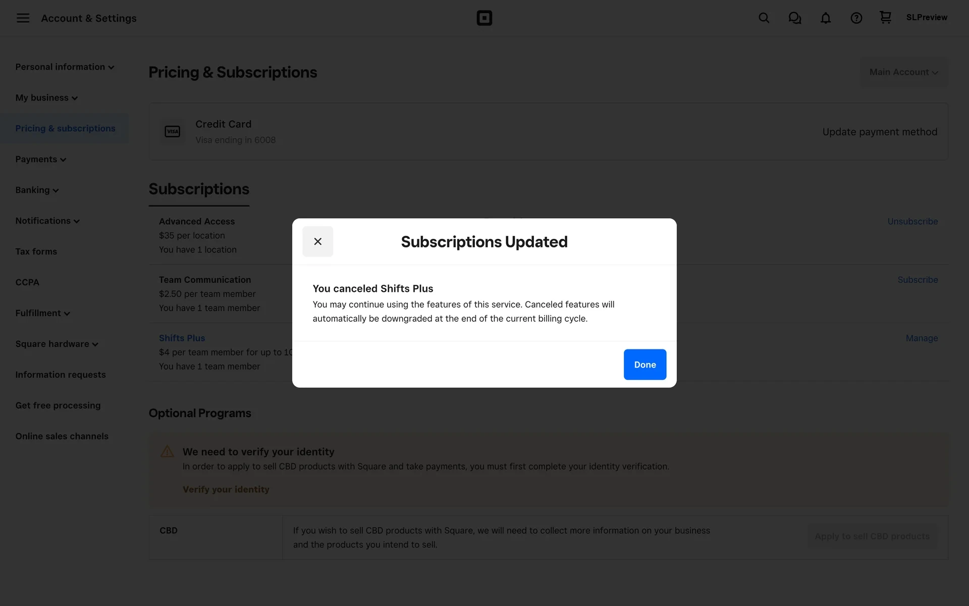 Square Subscriptions Updated modal stating You canceled Shifts Plus, with copy that canceled features downgrade at the end of the current billing cycle and a blue Done button