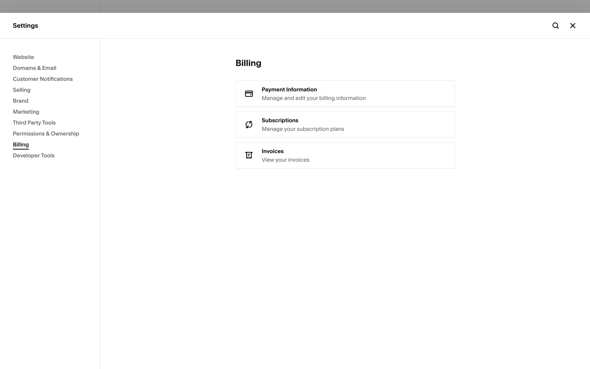 Squarespace Settings on the Billing panel, with a left sidebar (Website, Domains & Email, …, Billing highlighted, Developer Tools) and three cards: Payment Information, Subscriptions ("Manage your subscription plans"), and Invoices