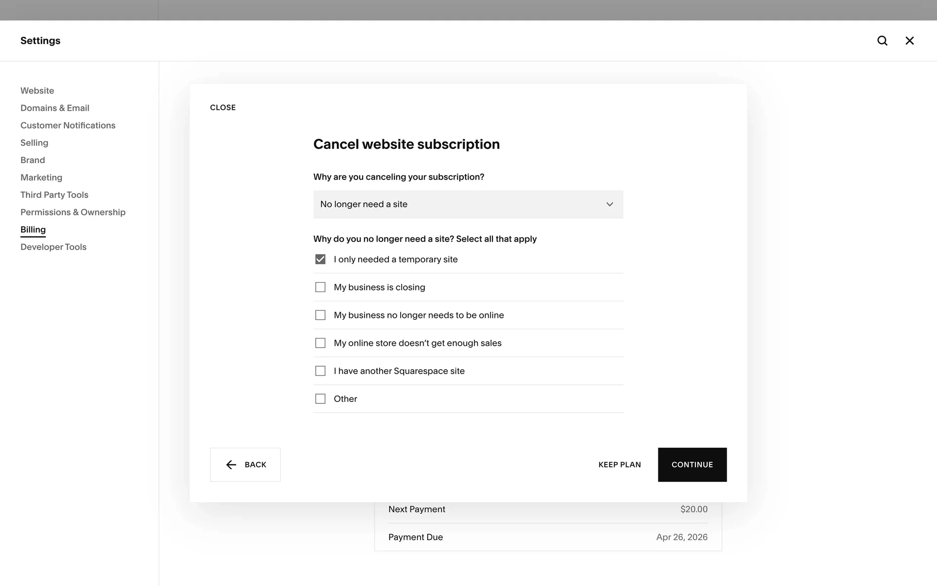 The cancel panel with "No longer need a site" selected, revealing a "Why do you no longer need a site? Select all that apply" checklist (I only needed a temporary site [checked], My business is closing, My business no longer needs to be online, My online store doesn't get enough sales, I have another Squarespace site, Other) with Back, Keep Plan, and an enabled Continue button