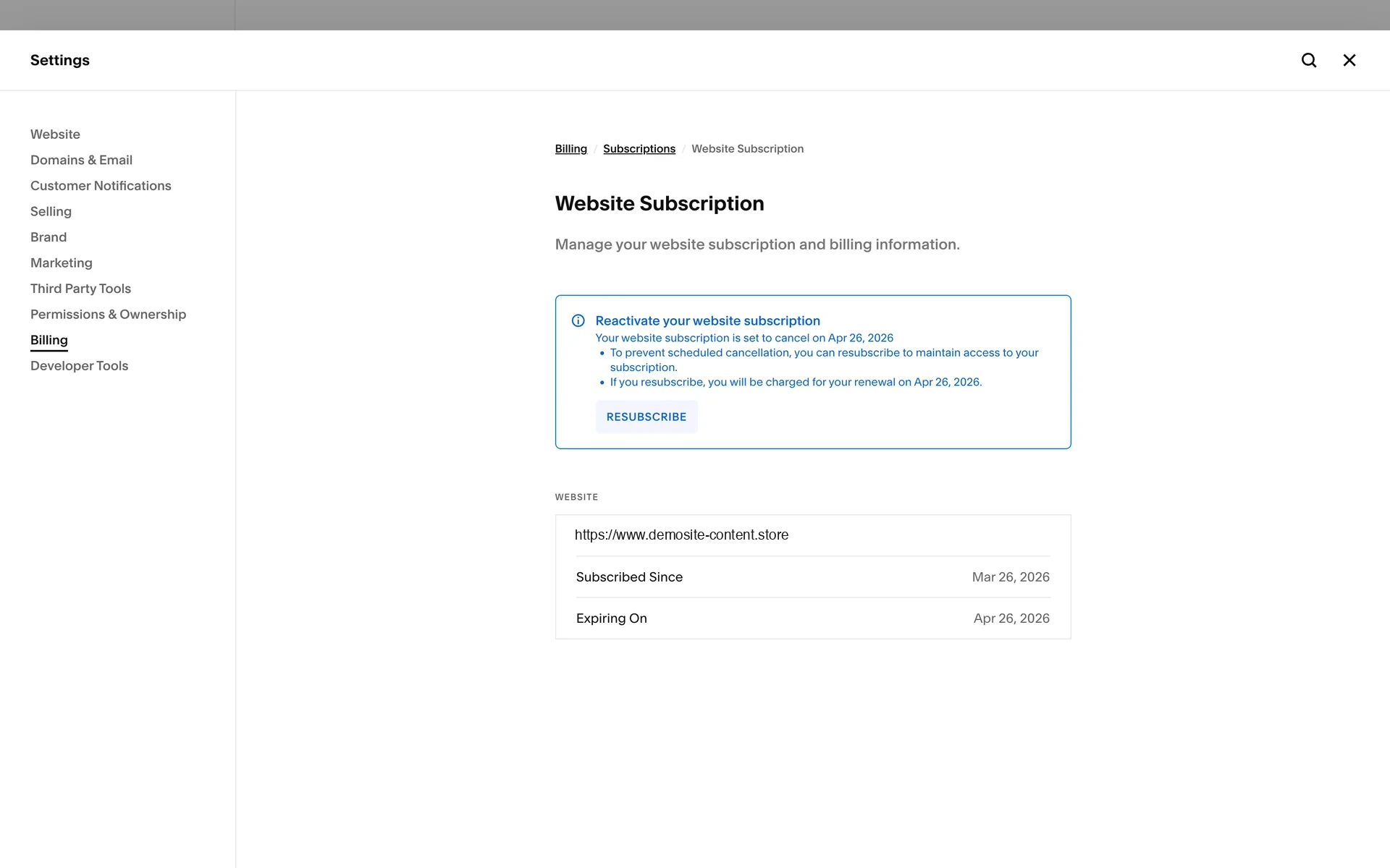 Squarespace Website Subscription page after cancelling, showing a blue "Reactivate your website subscription" box ("Your website subscription is set to cancel on Apr 26, 2026 … Resubscribe") above the website details with Subscribed Since Mar 26, 2026 and Expiring On Apr 26, 2026