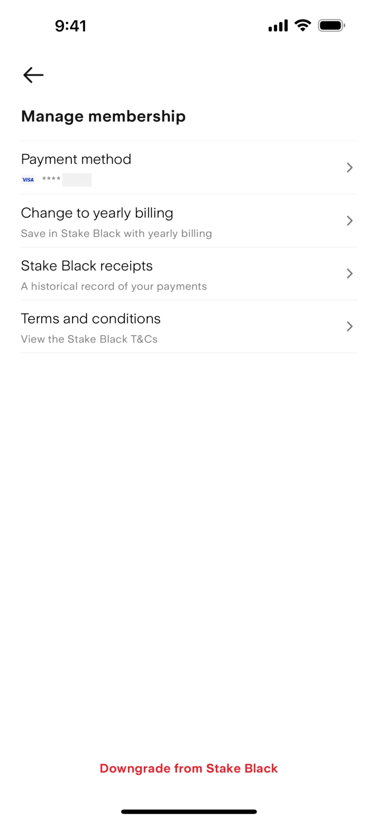 Stake iOS Manage membership screen listing Payment method with a Visa card, Change to yearly billing with Save in Stake Black with yearly billing, Stake Black receipts, Terms and conditions, and a red Downgrade from Stake Black link near the bottom