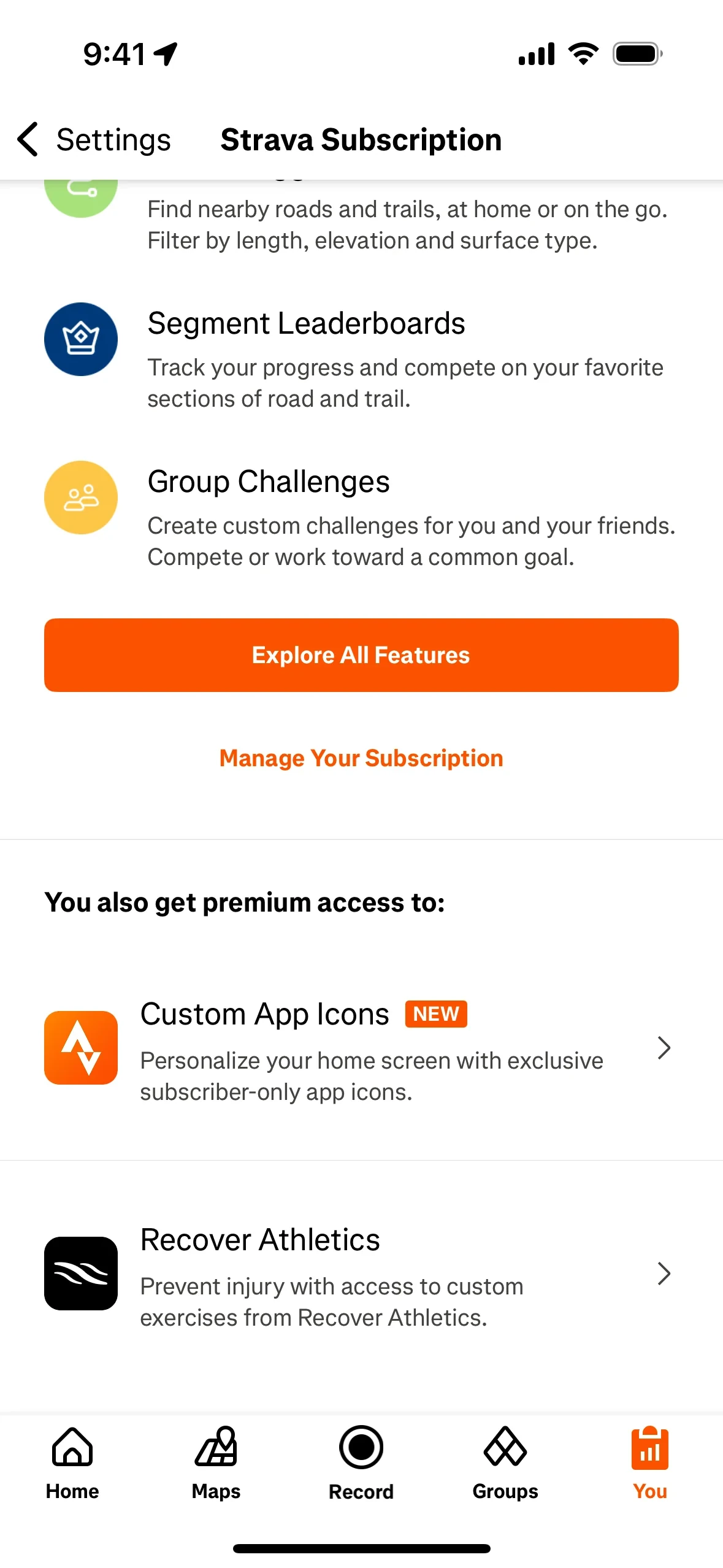 Strava Subscription screen listing subscriber features with an Explore All Features button and an orange Manage Your Subscription link below it