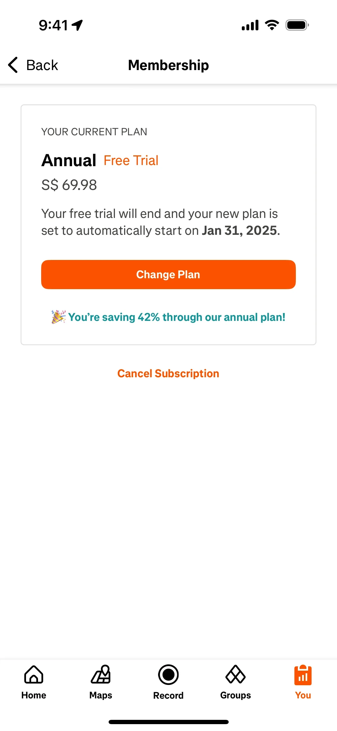 Strava Membership page showing the current Annual plan priced at S$ 69.98, a Change Plan button, a "you're saving 42% through our annual plan" note, and a Cancel Subscription link at the bottom
