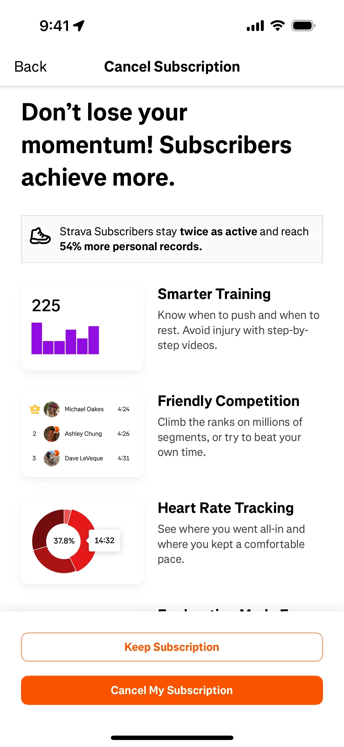 Strava cancellation save offer headed "Don't lose your momentum! Subscribers achieve more" with Smarter Training, Friendly Competition, and Heart Rate Tracking cards above Keep Subscription and Cancel My Subscription buttons