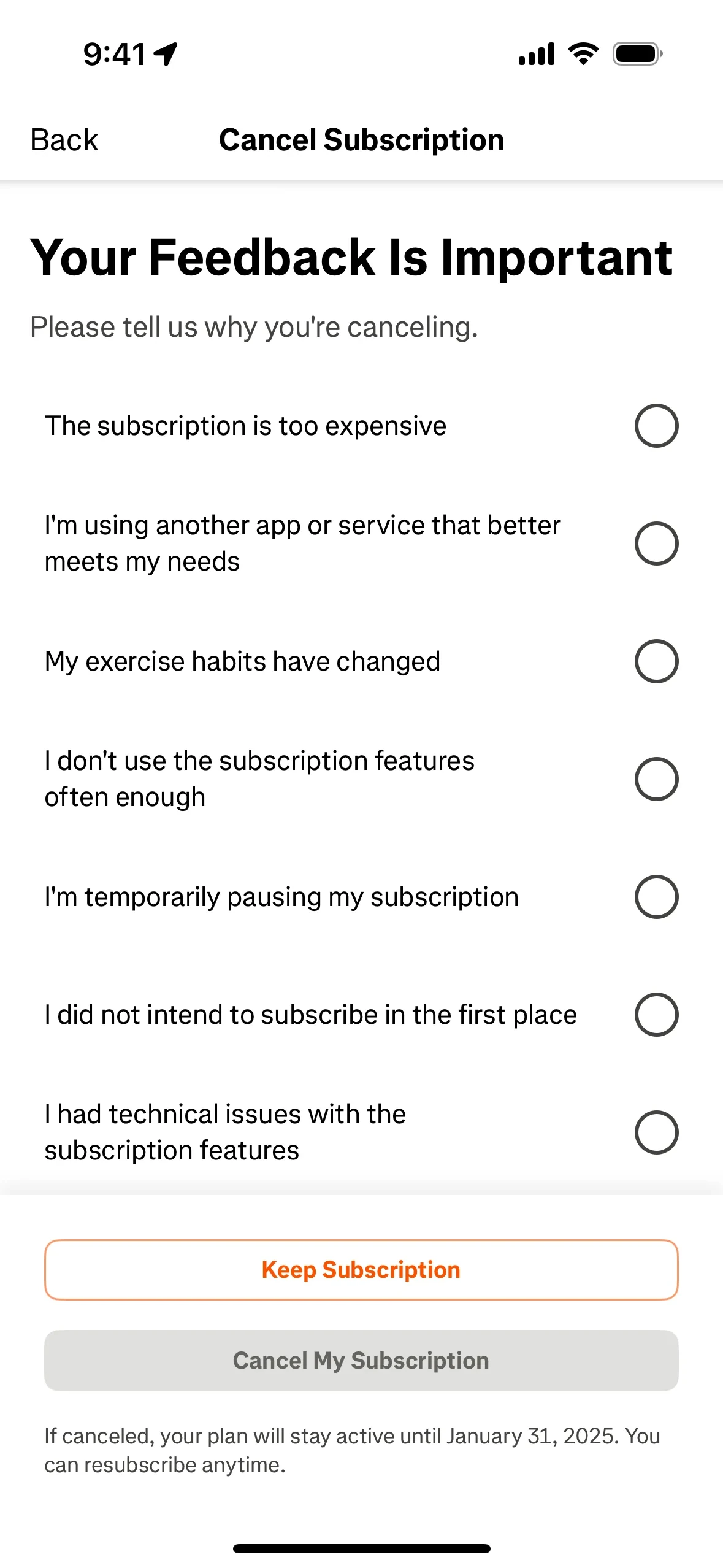 Strava "Your Feedback Is Important — Please tell us why you're canceling" survey with reason options and a greyed-out, disabled Cancel My Subscription button