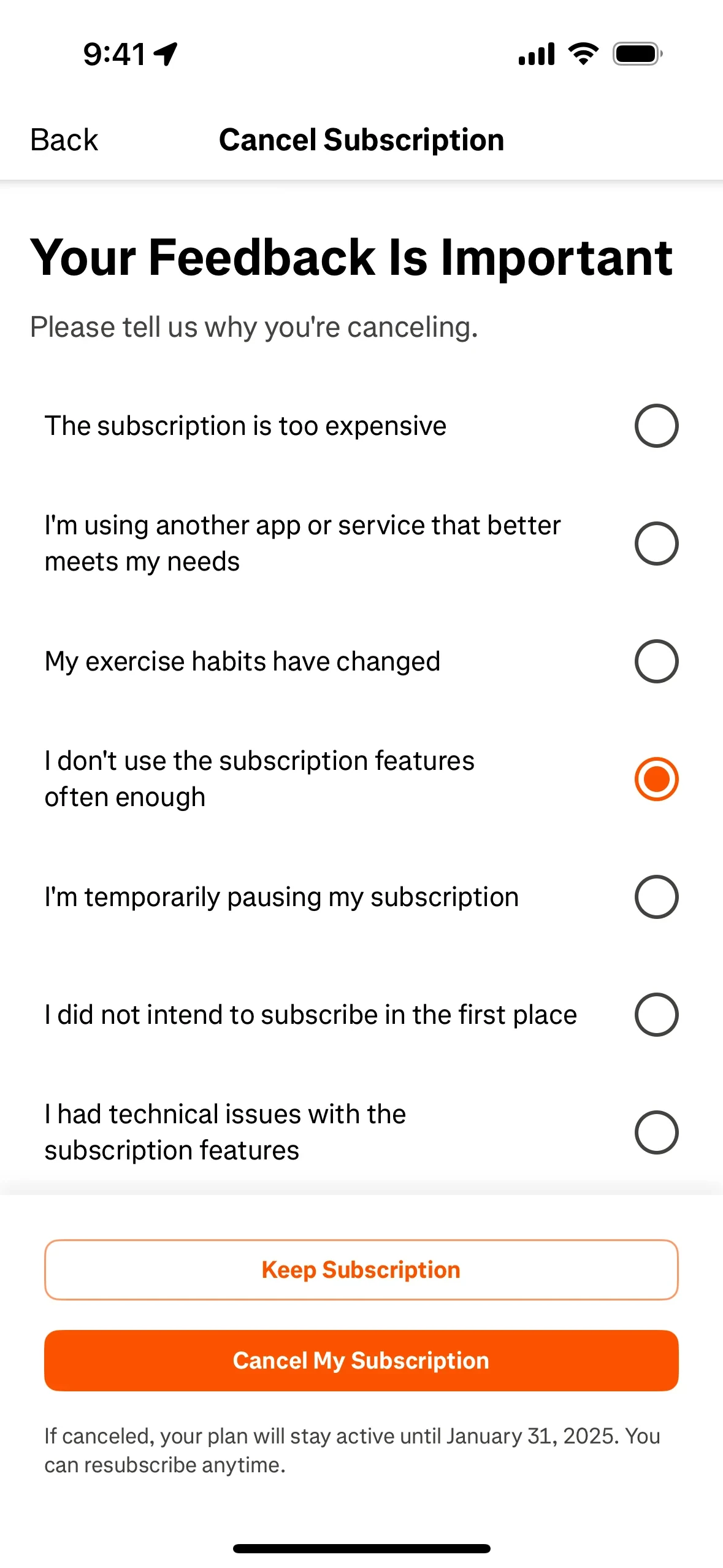 The same Strava reason survey with "I don't use the subscription features often enough" selected and the Cancel My Subscription button now active in orange, with a footer noting the plan stays active until the period-end date