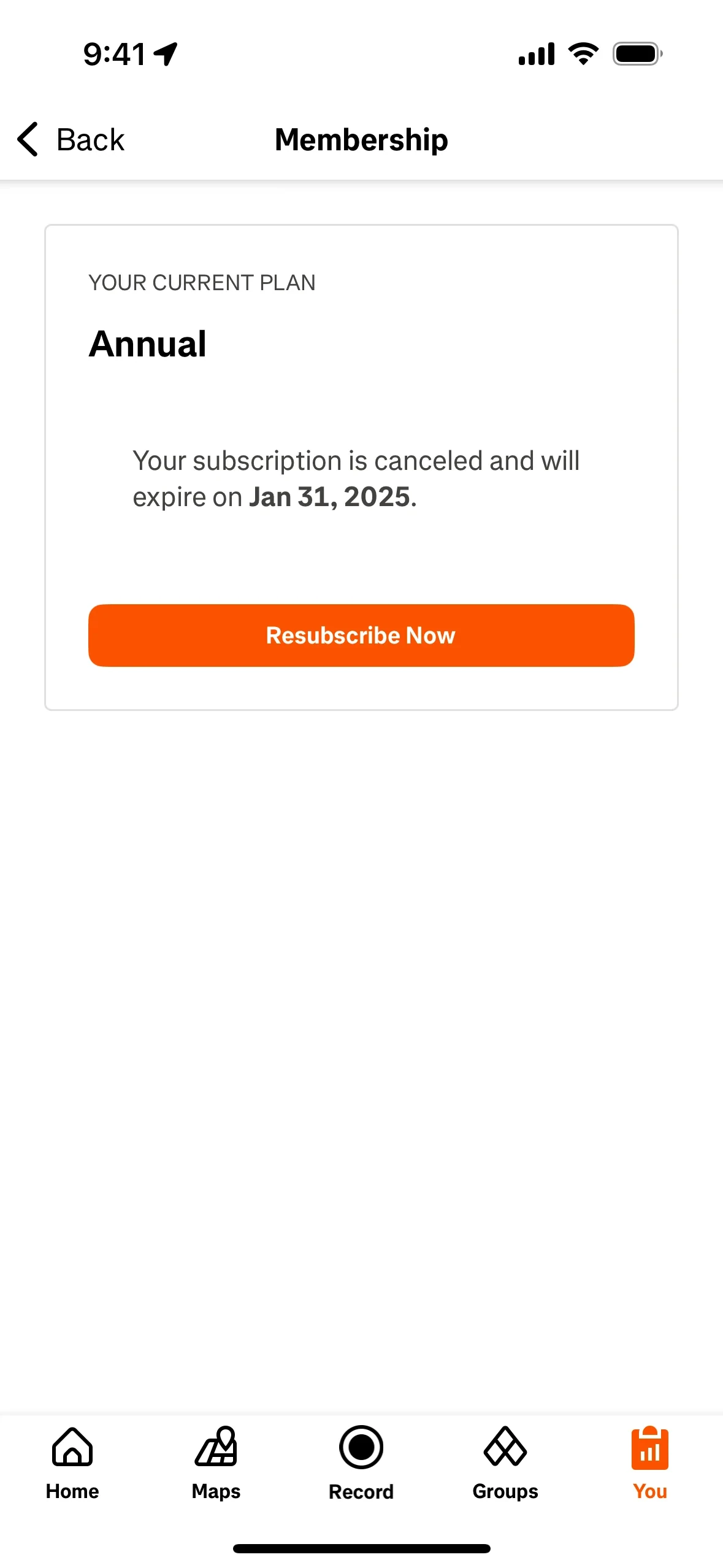 Strava Membership page confirming "Your subscription is canceled and will expire on Jan 31, 2025" with a Resubscribe Now button