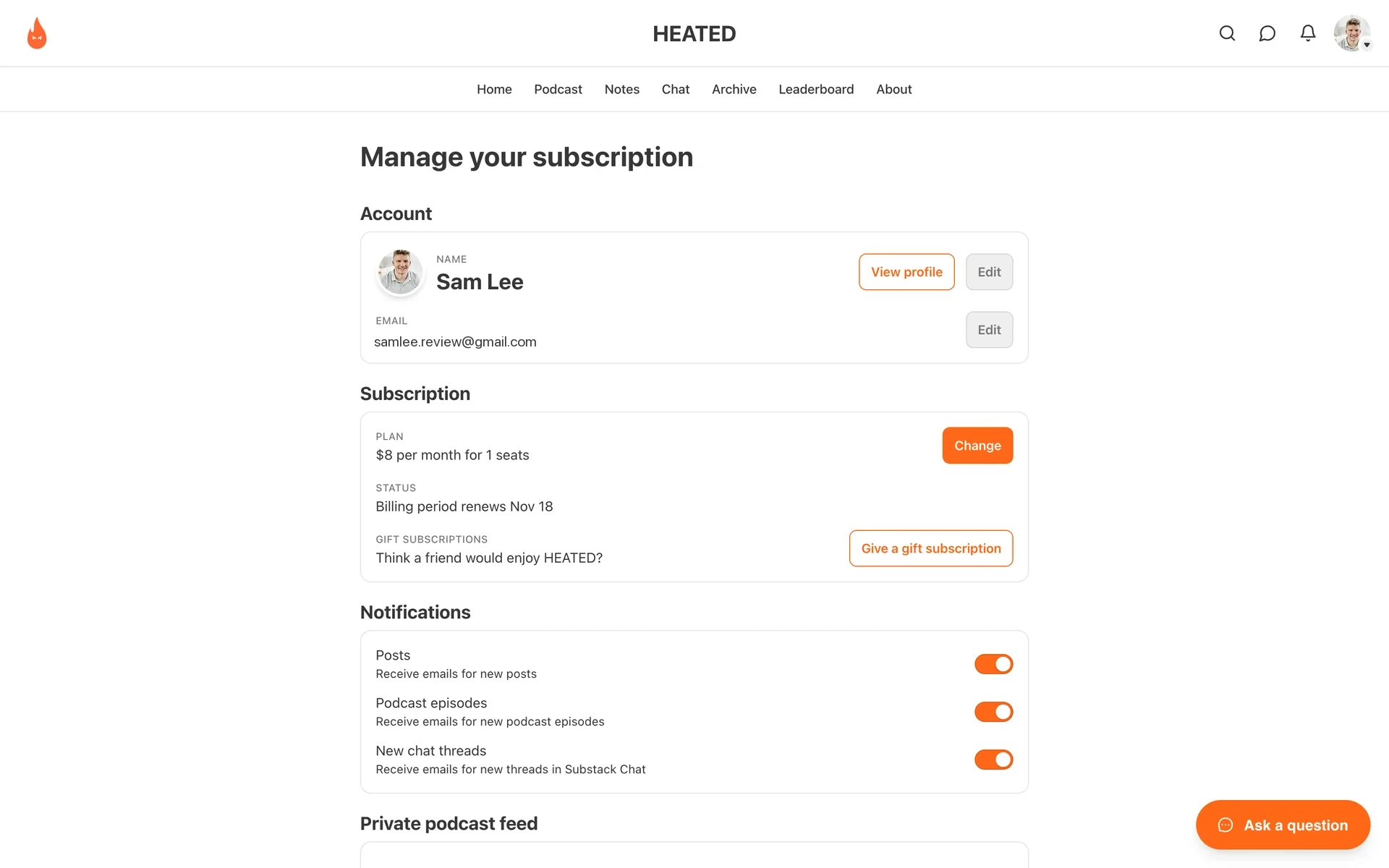 Substack "Manage your subscription" page for the publication HEATED showing Account details, a Plan of $8 per month with a Change button, and Status reading "Billing period renews Nov 18"