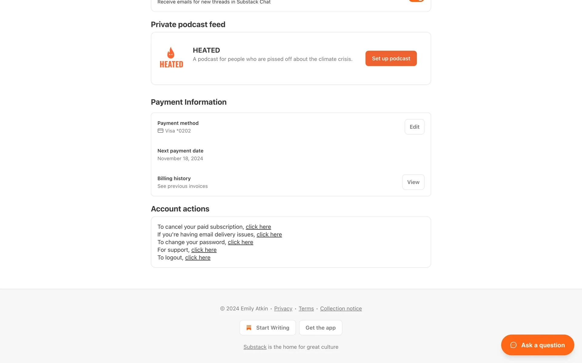 Bottom of the Substack subscription page showing Payment Information with a Visa card and next payment date, and an Account actions box whose first line is "To cancel your paid subscription, click here"