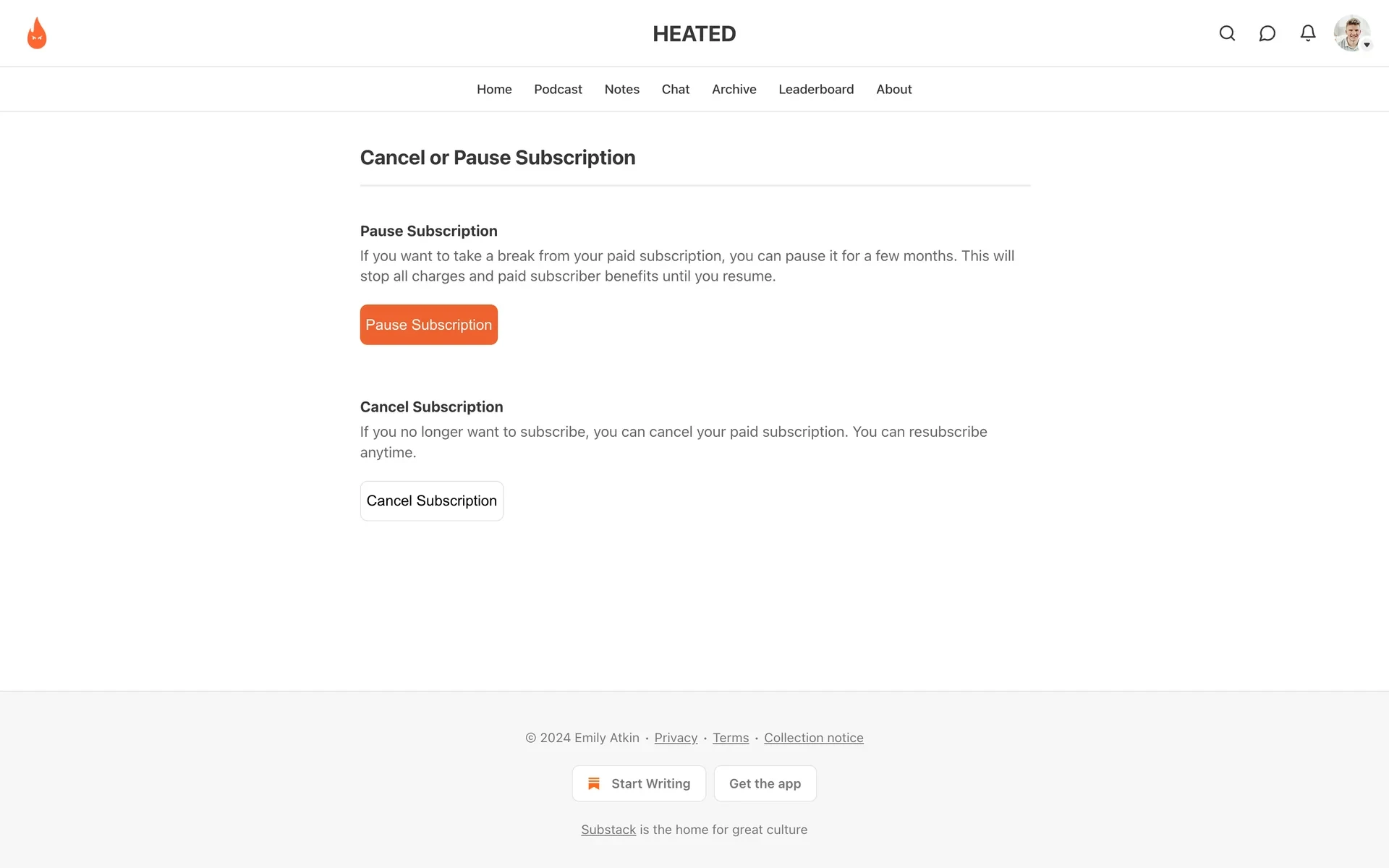 Substack "Cancel or Pause Subscription" page with a prominent orange Pause Subscription button above a plain grey Cancel Subscription button