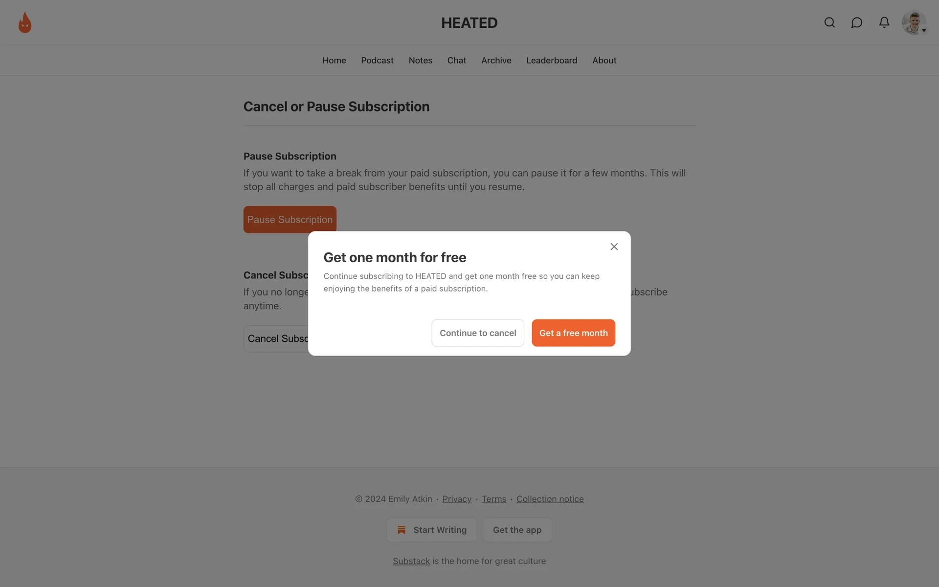 Substack retention pop-up titled "Get one month for free" with a grey Continue to cancel button and an orange Get a free month button
