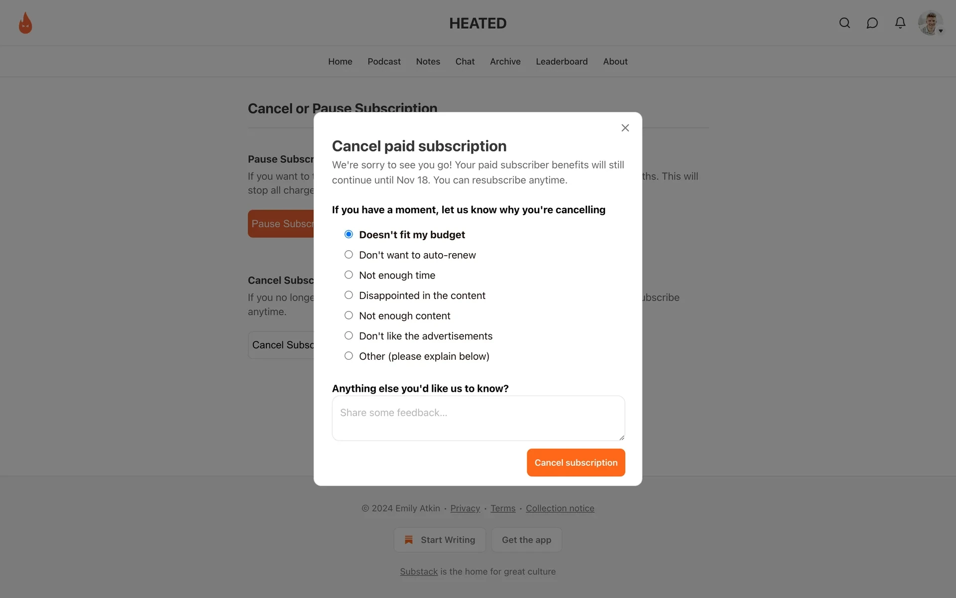 Substack "Cancel paid subscription" dialog stating benefits continue until Nov 18, with seven cancellation-reason radio buttons ("Doesn't fit my budget" selected), a feedback box, and an orange Cancel subscription button
