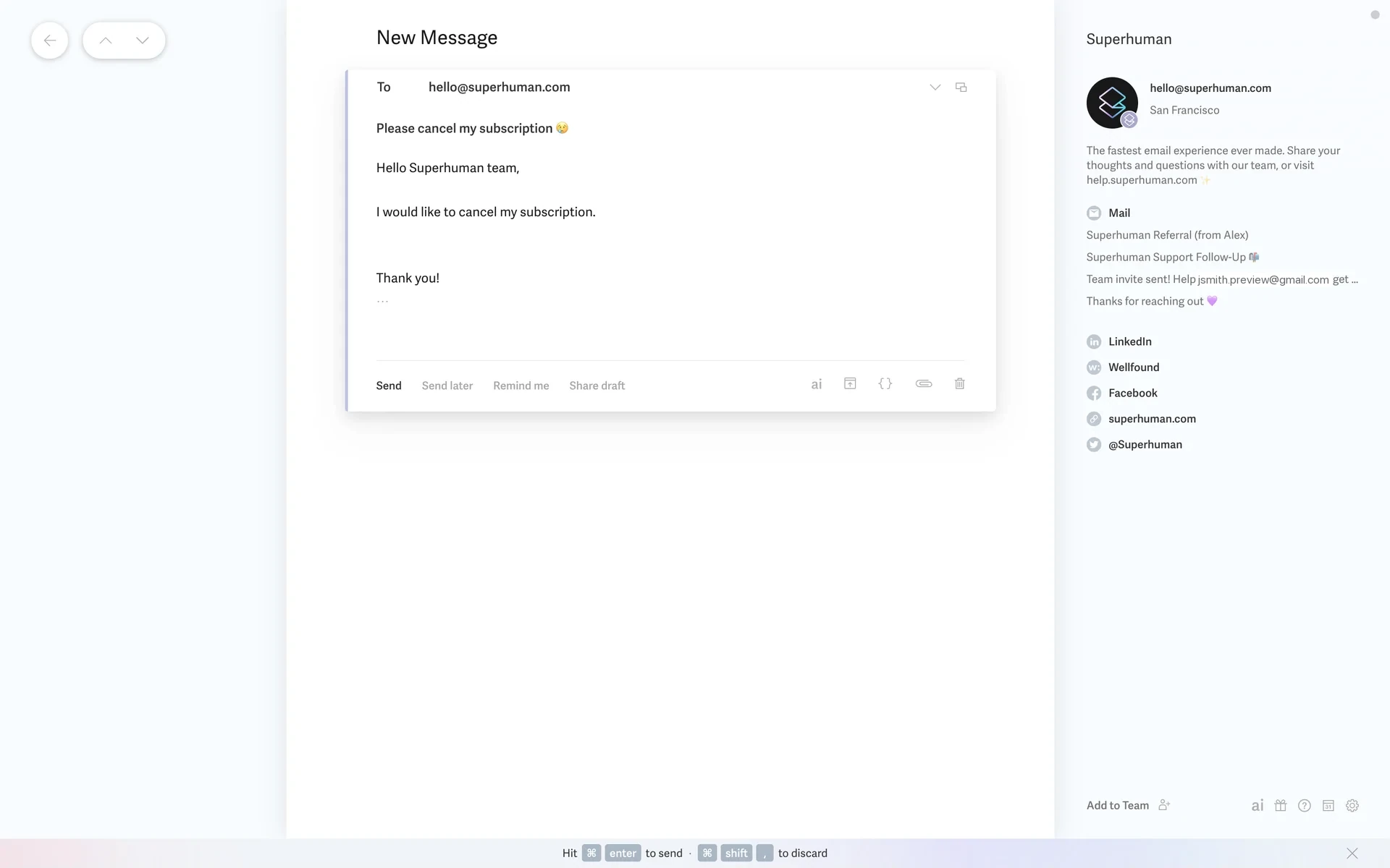 Superhuman Subscription settings showing Billing Cycle, Renewal date, payment method, billing contact, and a "cancel your account" link at the bottom