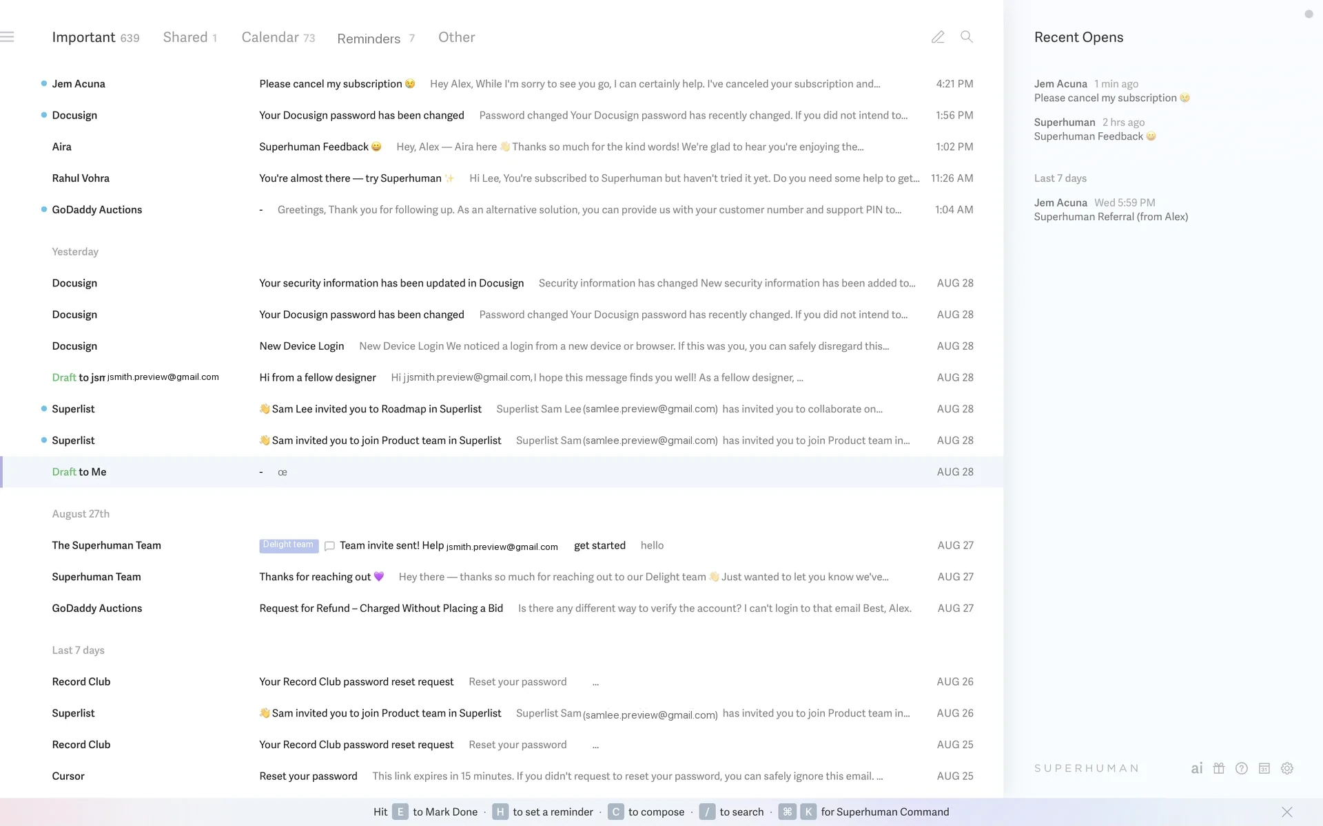 Composing a new Superhuman email to hello@superhuman.com with the subject "Please cancel my subscription" requesting cancellation