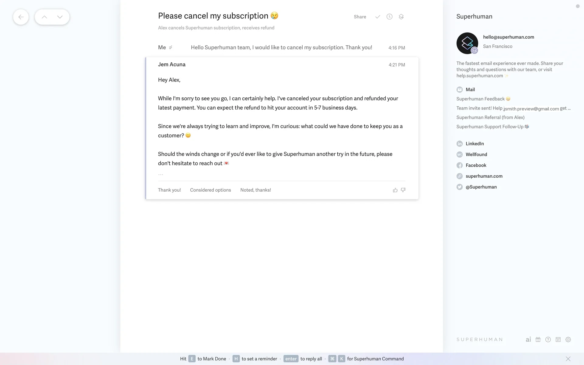 Superhuman support reply confirming the subscription has been canceled and the latest payment refunded within 5-7 business days