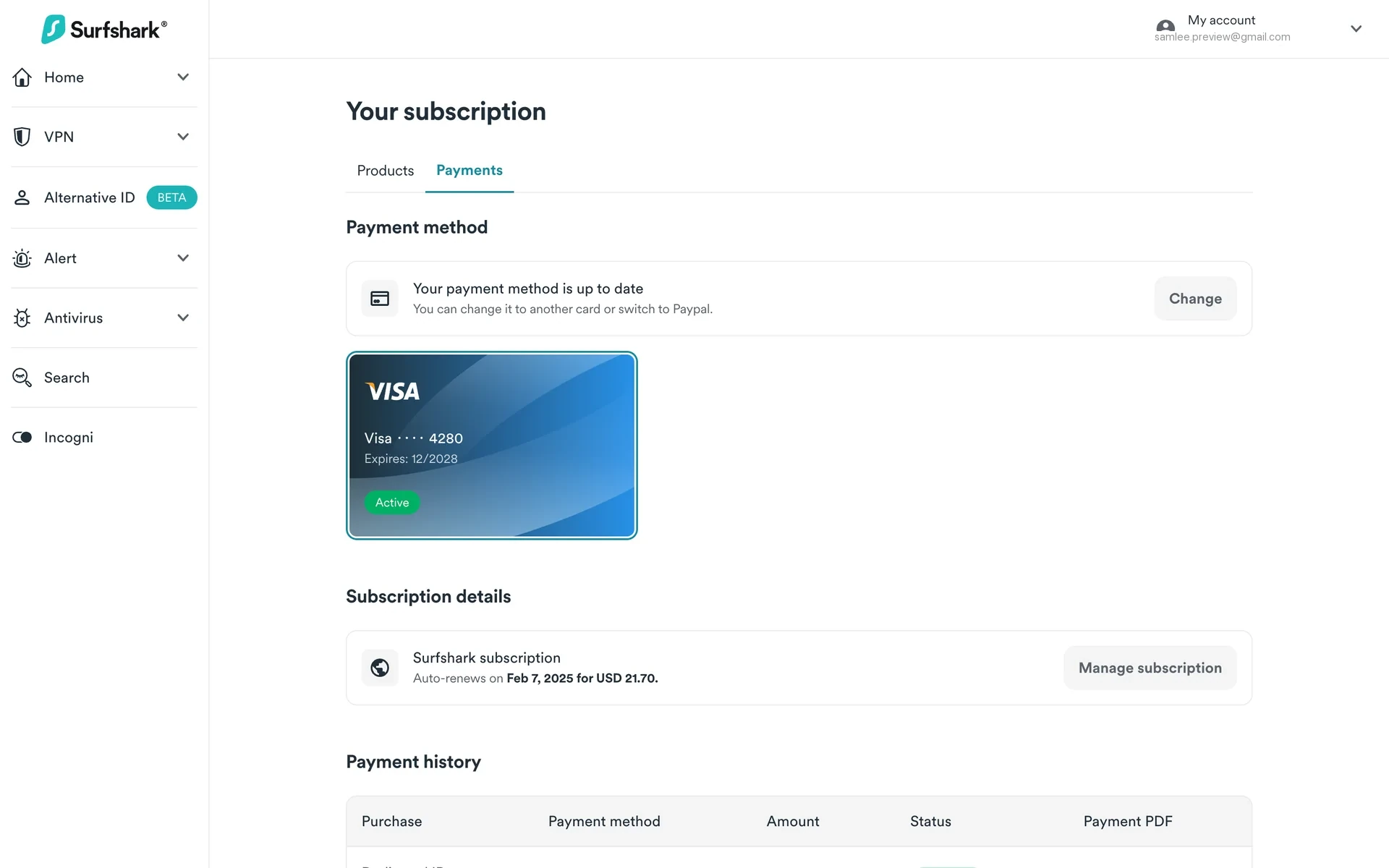 Surfshark Your subscription page on the Payments tab showing the saved Visa payment method, a Subscription details row reading "Surfshark subscription — Auto-renews on Feb 7, 2025 for USD 21.70", and a Manage subscription button on the right