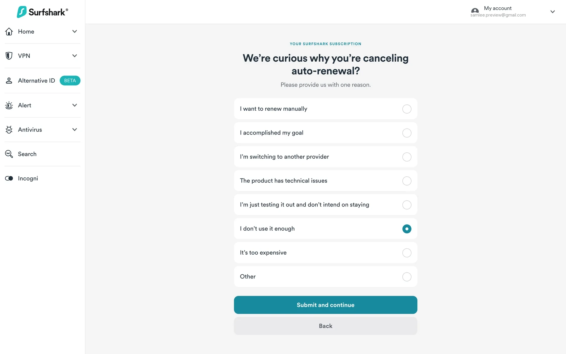 The same reason survey with "I don't use it enough" selected via a filled teal radio button and the Submit and continue button now enabled in Surfshark's teal