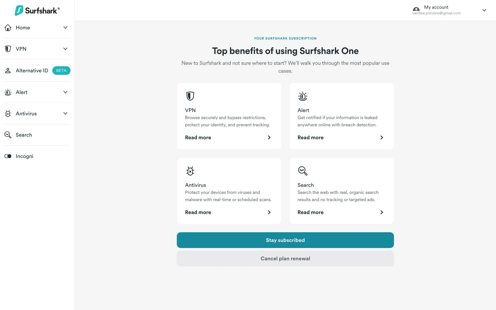Surfshark save offer page titled "Top benefits of using Surfshark One" with four benefit cards (VPN, Alert, Antivirus, Search) each with a Read more link, above a teal Stay subscribed button and a grey Cancel plan renewal button