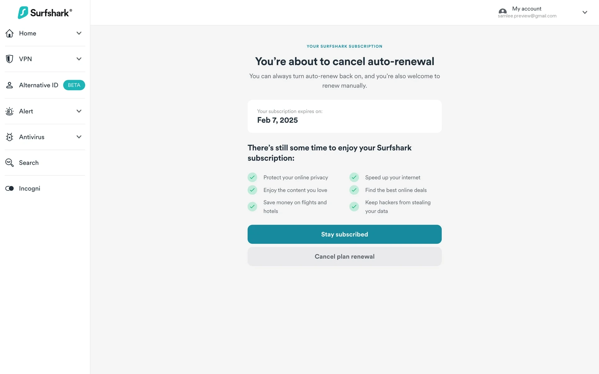 Surfshark final confirmation page reading "You're about to cancel auto-renewal" with a boxed subscription expiry date (Feb 7, 2025) and a bulleted list of Surfshark benefits (Protect your online privacy, Speed up your internet, etc.), above a teal Stay subscribed button and a grey Cancel plan renewal button