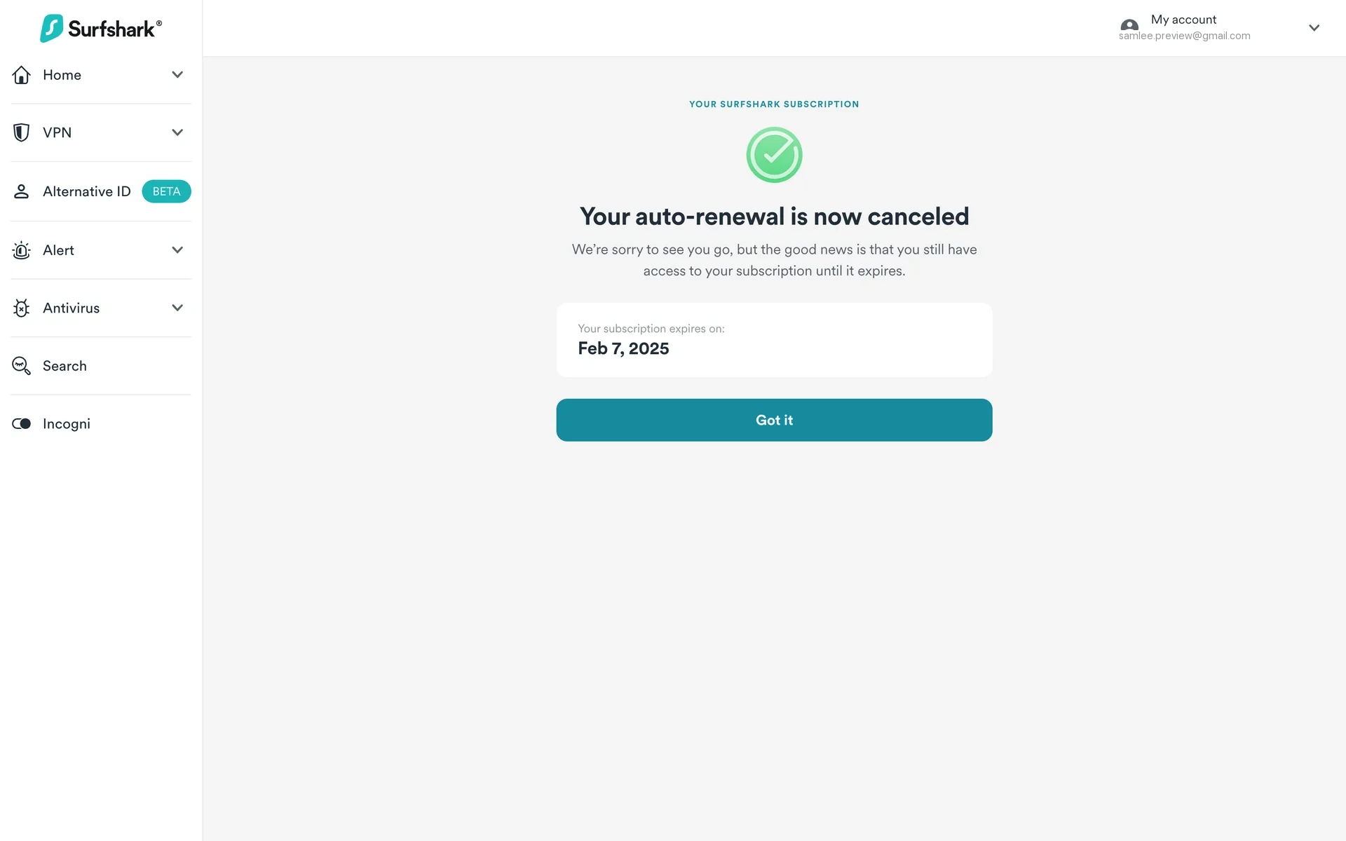 Surfshark confirmation screen with a green checkmark, headline "Your auto-renewal is now canceled", supporting copy "We're sorry to see you go, but the good news is that you still have access to your subscription until it expires", the same boxed expiry date, and a teal Got it button