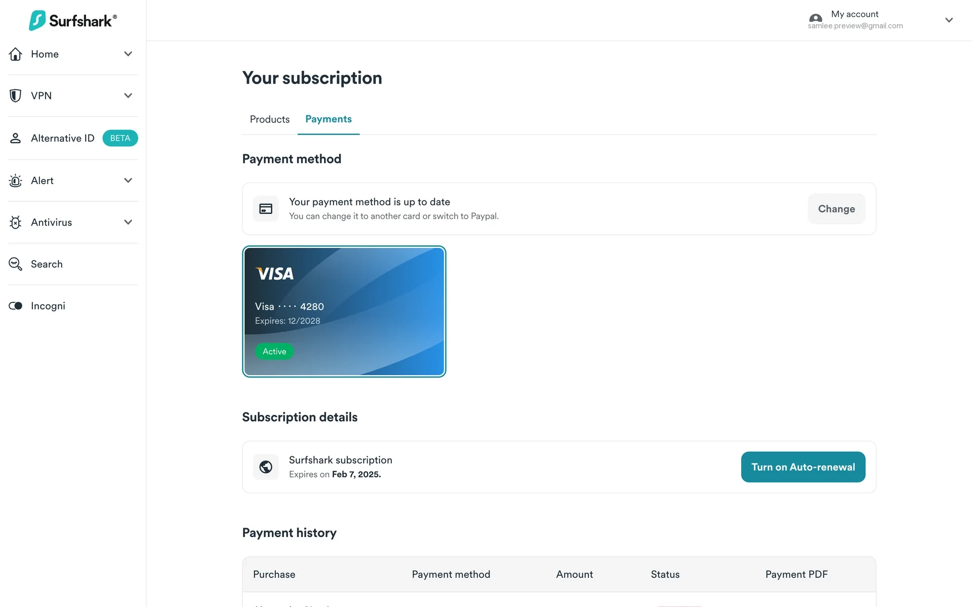 Surfshark Your subscription page on the Payments tab after cancellation, showing the same Visa payment method but a Subscription details row now reading "Surfshark subscription — Expires on Feb 7, 2025" with a teal Turn on Auto-renewal button on the right