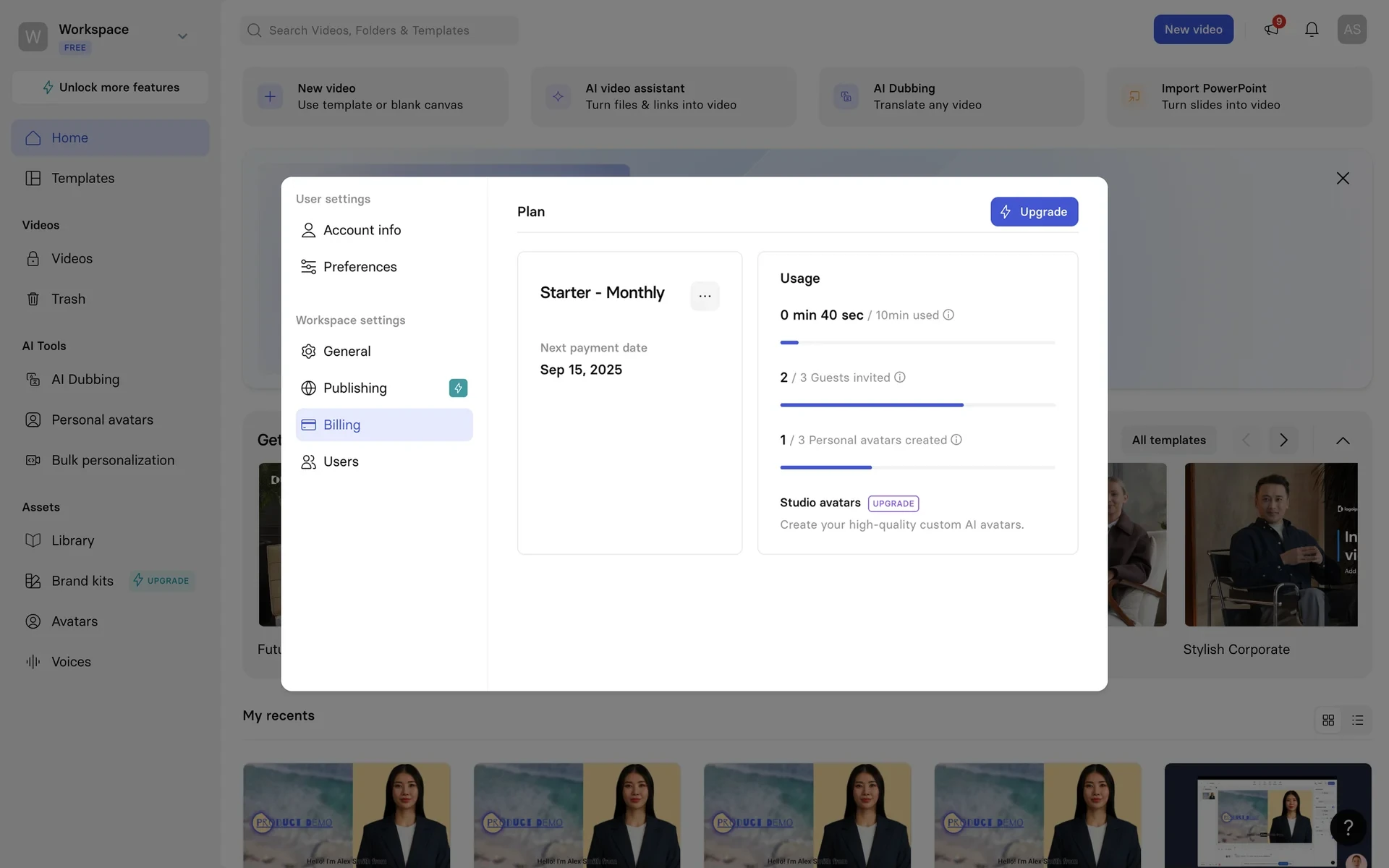 Synthesia billing settings showing the Starter - Monthly plan card with next payment date and a usage panel