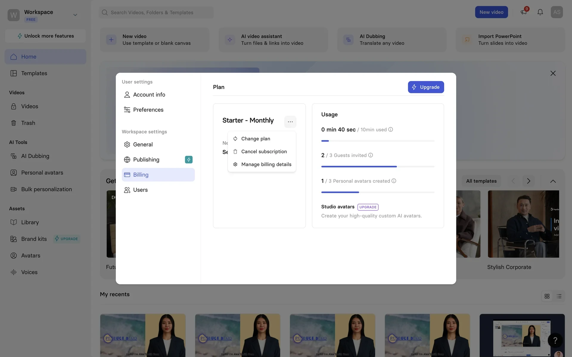 Three-dot menu on the Synthesia plan card open, showing Change plan, Cancel subscription, and Manage billing details