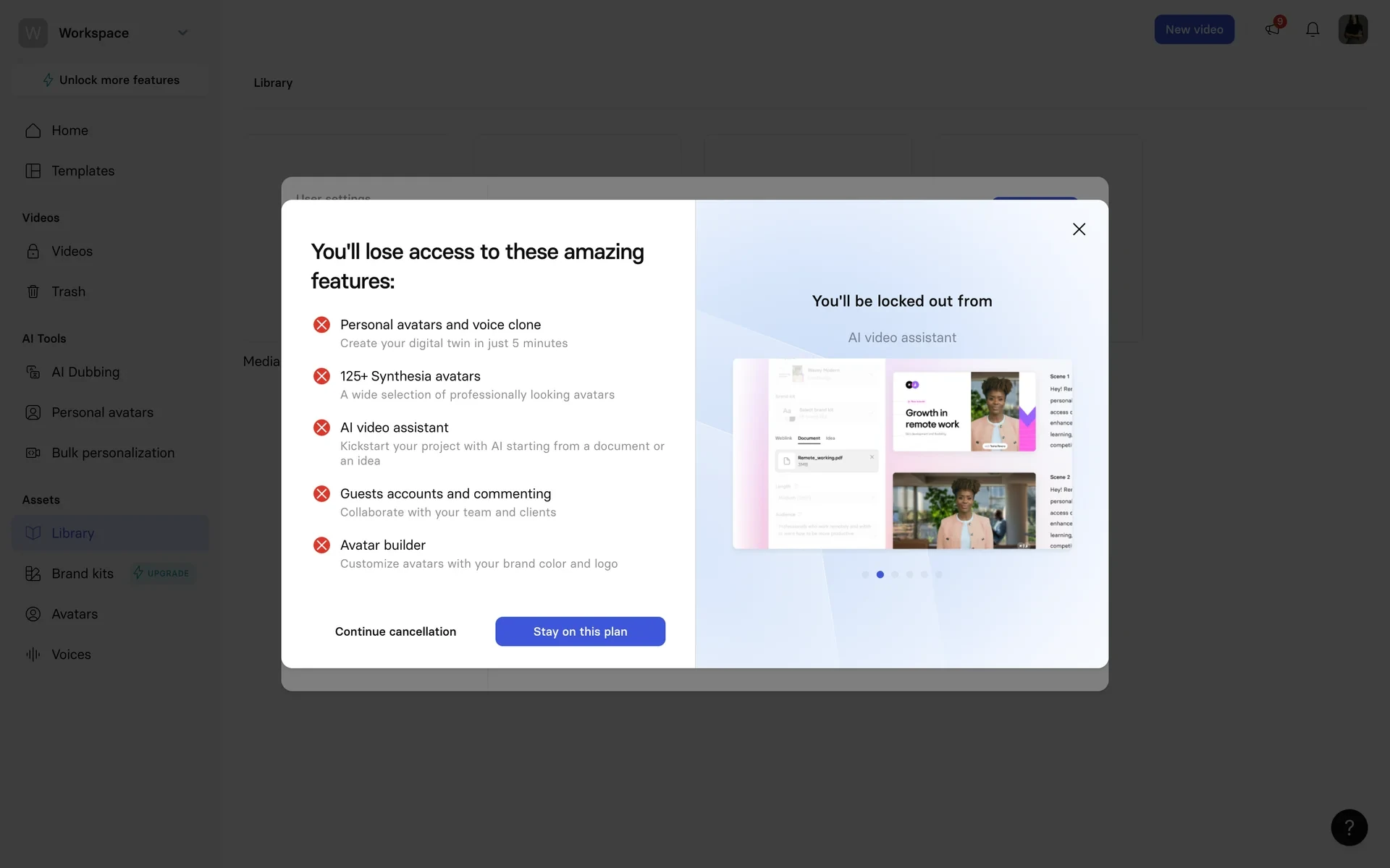 Synthesia retention screen listing premium features you would lose, with Continue cancellation and Stay on this plan buttons