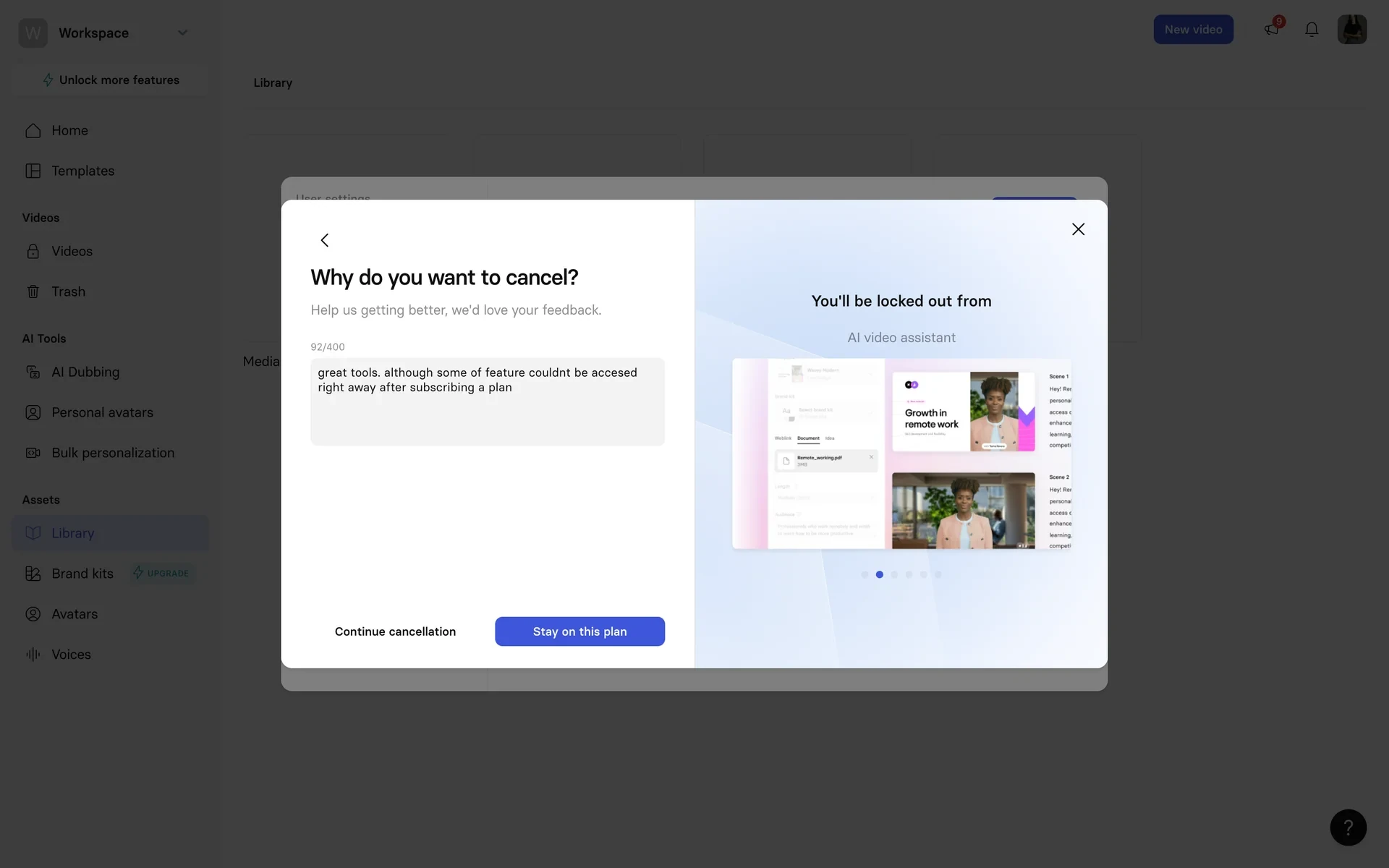 Feedback box filled with a short comment and a 92 of 400 character counter
