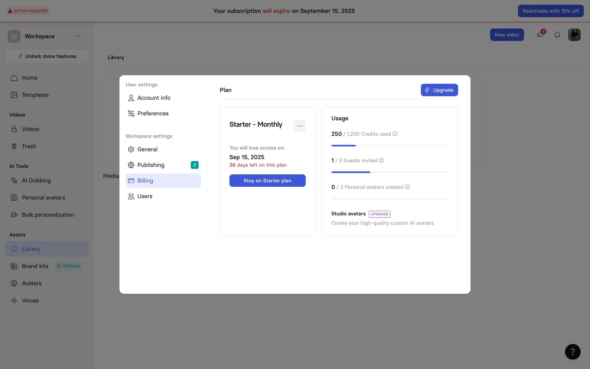Billing page banner stating the subscription will expire on the listed date with the number of days left on the plan