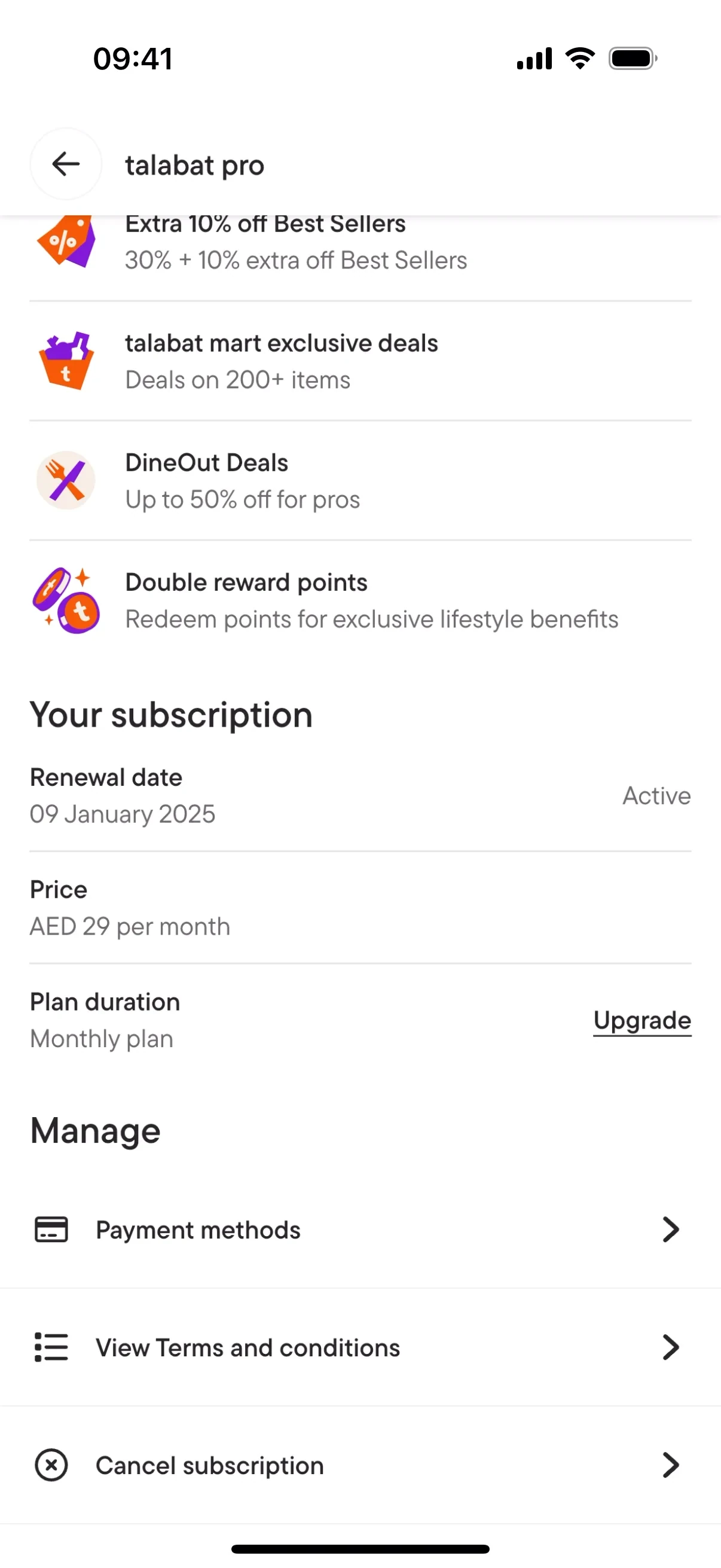 talabat pro manage screen showing Active status, AED 29 per month Monthly plan with an Upgrade link, and Manage rows for Payment methods, View Terms and conditions, and Cancel subscription