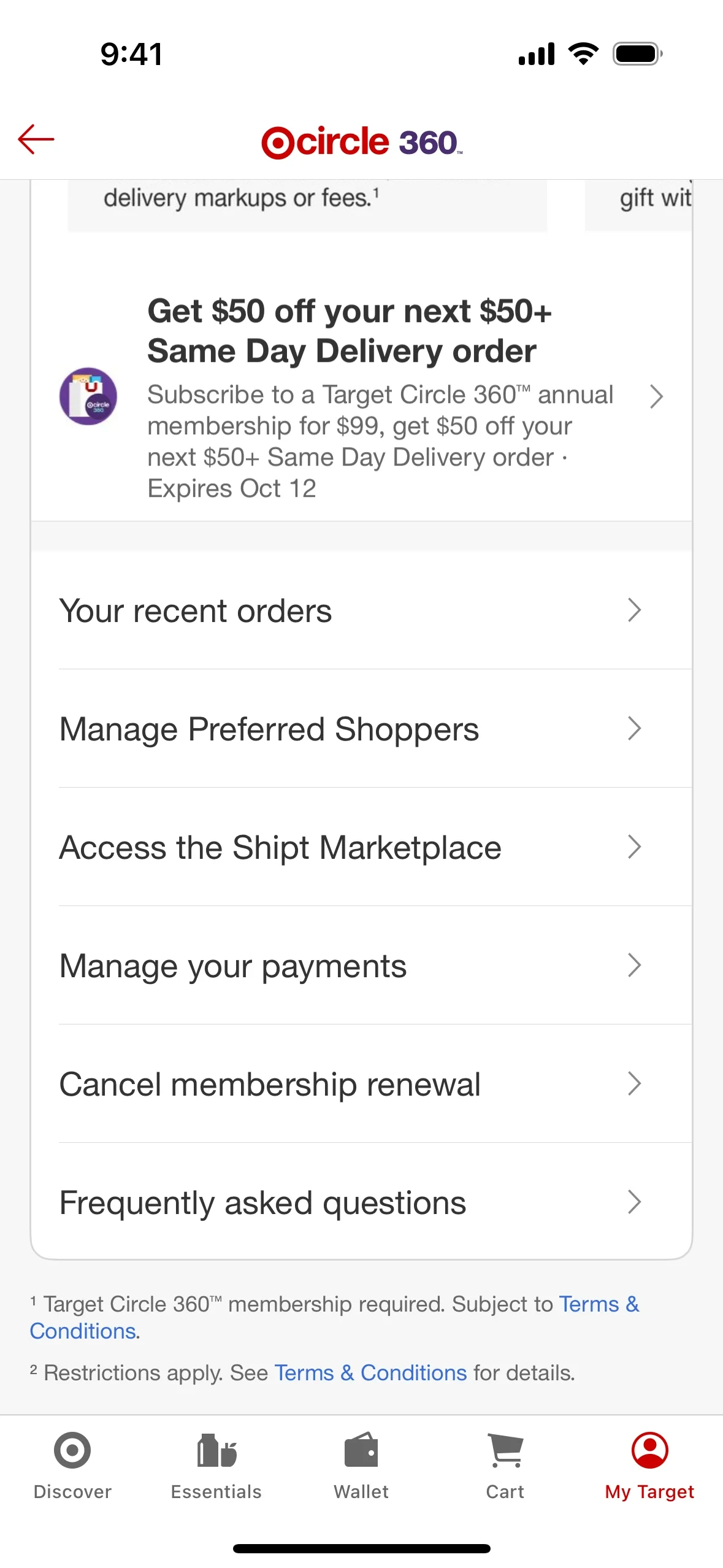 Target Circle 360 hub in the iOS app showing a "Get $50 off your next $50+ Same Day Delivery order" annual promo banner and a menu with Your recent orders, Manage Preferred Shoppers, Access the Shipt Marketplace, Manage your payments, Cancel membership renewal, and Frequently asked questions