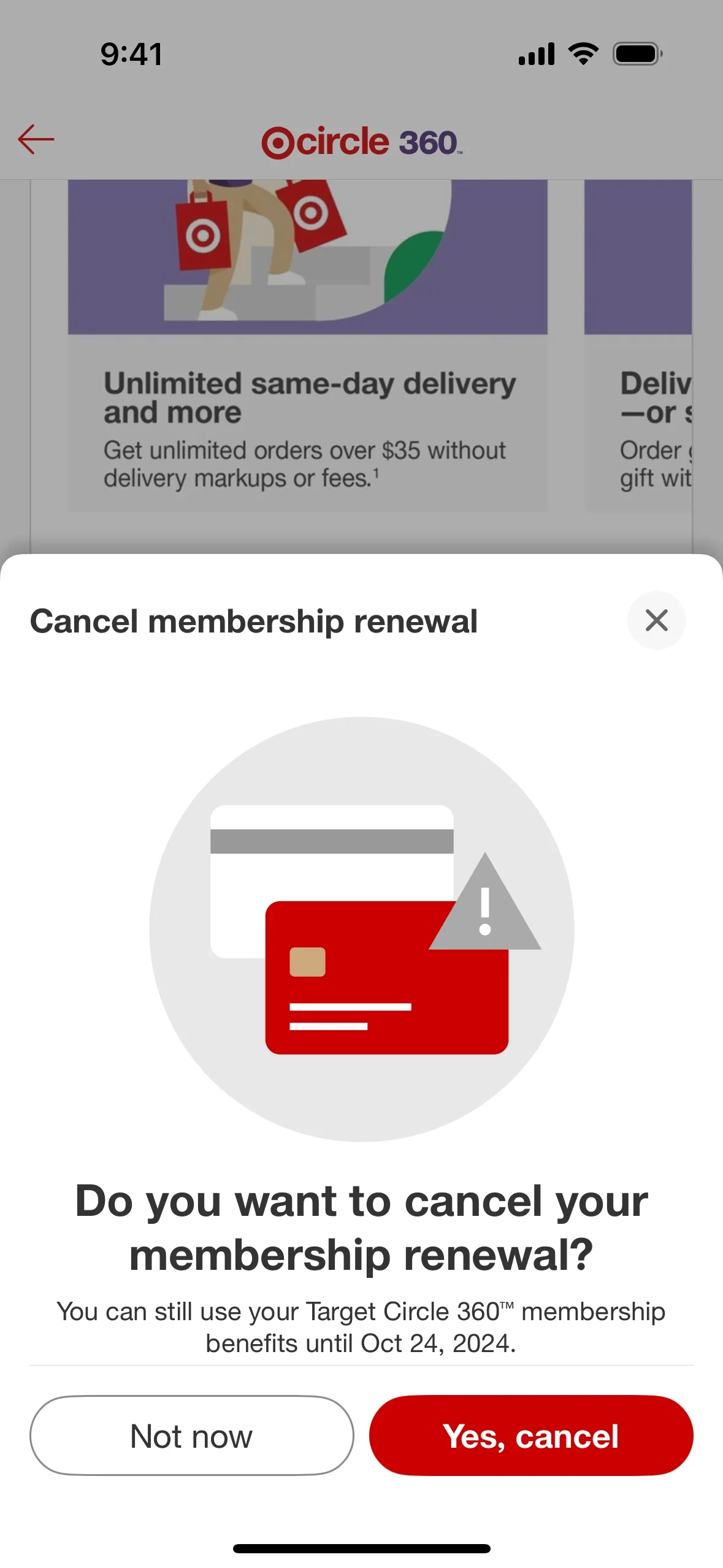 Bottom-sheet titled Cancel membership renewal with a credit card and warning-triangle illustration, headline "Do you want to cancel your membership renewal?", body copy "You can still use your Target Circle 360 membership benefits until Oct 24, 2024.", and two buttons: Not now (outlined) and Yes, cancel (red)