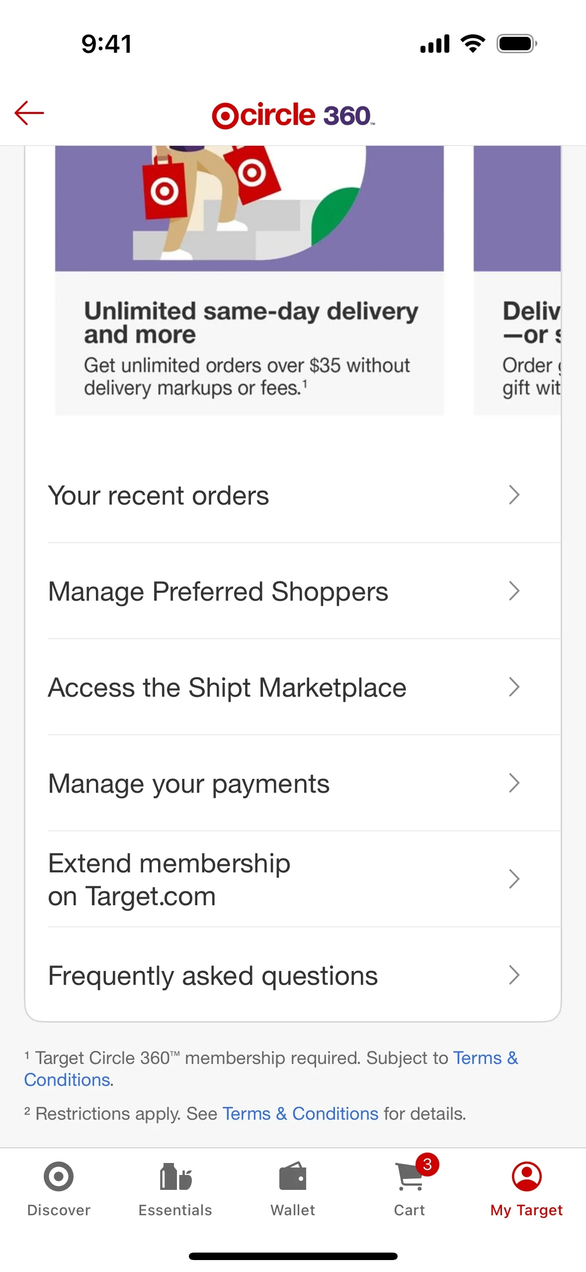 Post-cancellation view of the Circle 360 hub showing the same menu as before, but the sixth row now reads "Extend membership on Target.com" instead of "Cancel membership renewal"; the cart tab badge shows 3