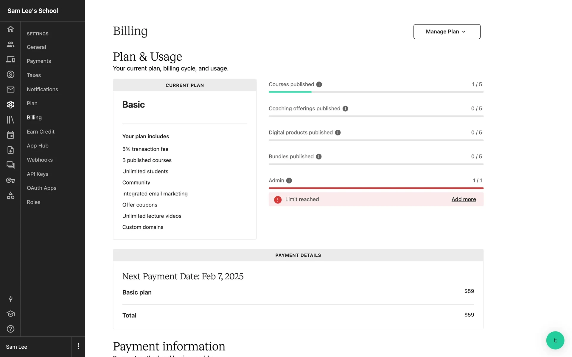 Teachable Billing page showing the current plan details, published product counts, payment details with next payment date and plan price, and the Manage Plan button in the top-right corner