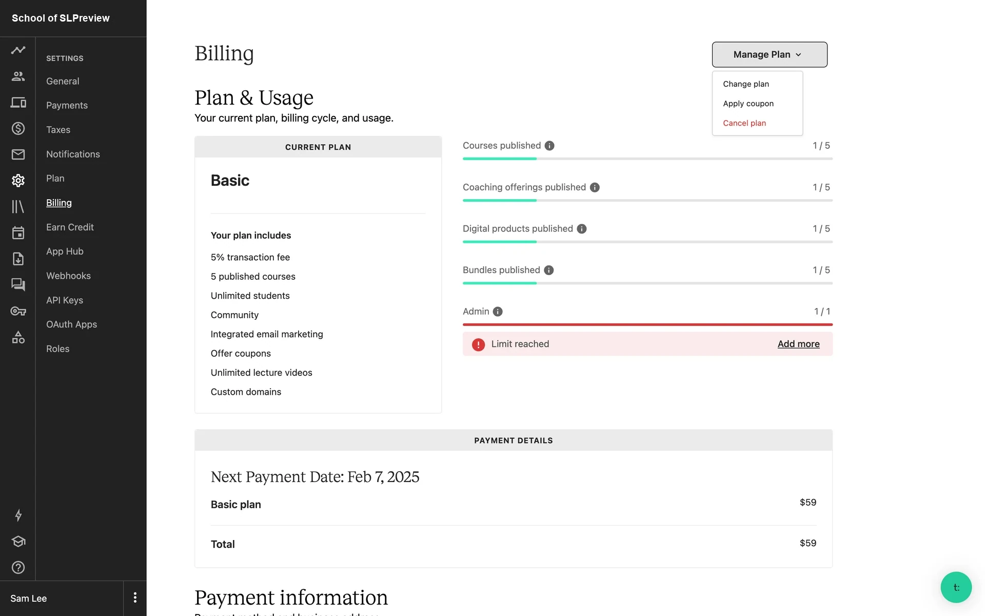 Teachable Billing page with the Manage Plan dropdown expanded, showing Change plan, Apply coupon, and Cancel plan options — Cancel plan is highlighted in red text