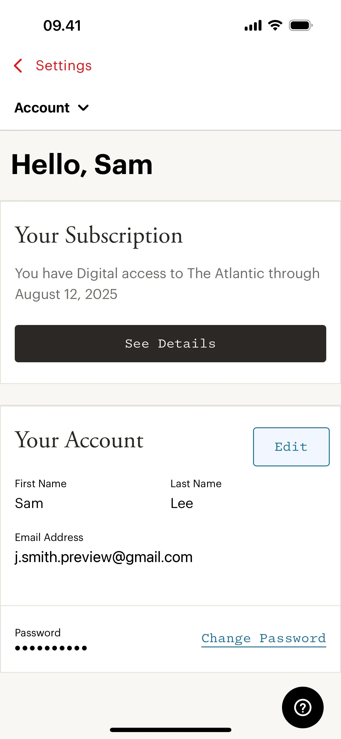 Atlantic Account page greeting Hello, Sam with Your Subscription reading You have Digital access to The Atlantic through August 12, 2025, a dark See Details button, and account email shown as j.smith.preview@gmail.com